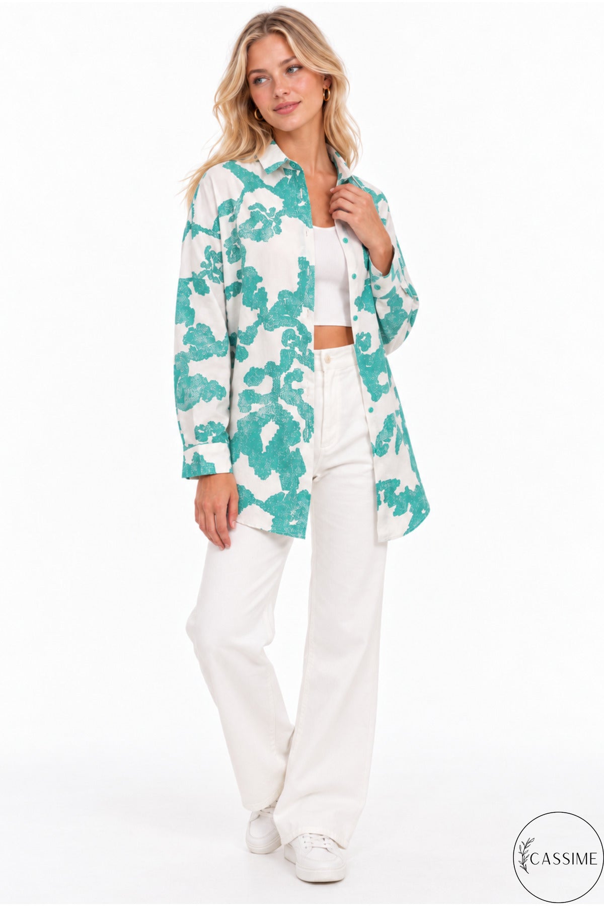 Melissa Women's Oversized Longline Shirt - Green and Off-White Print