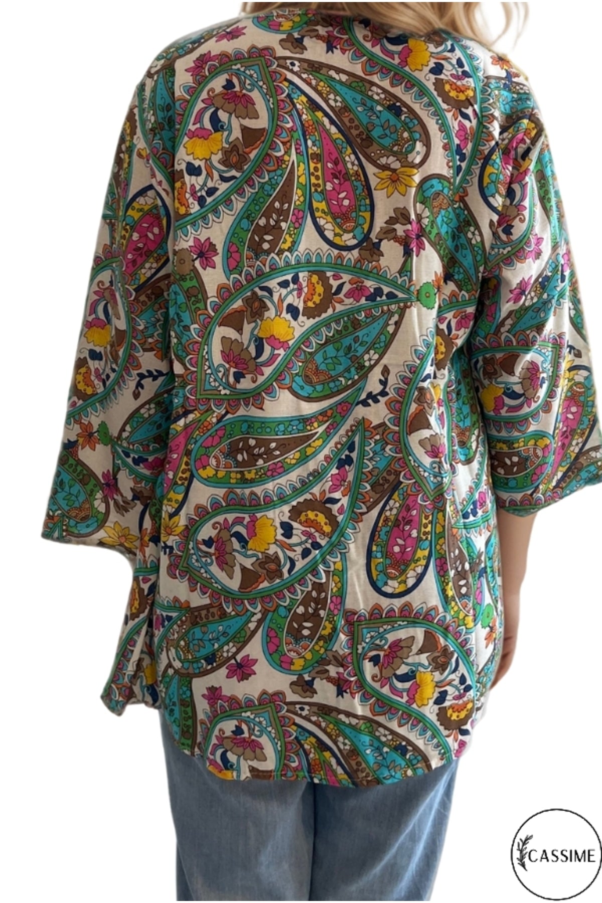 Catherine Women's Linen-Viscose Blend Relaxed Fit Kimono - Green and Pink Print