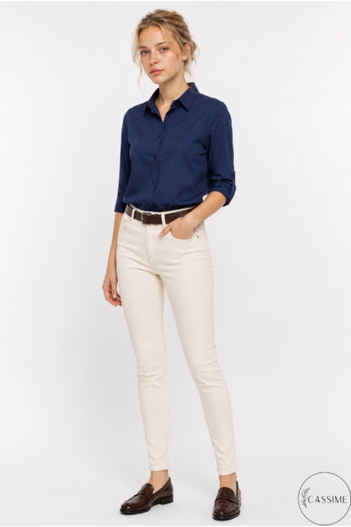 Robyn Women's Linen-Viscose Blend Roll-Sleeve Button-Up Shirt - Navy