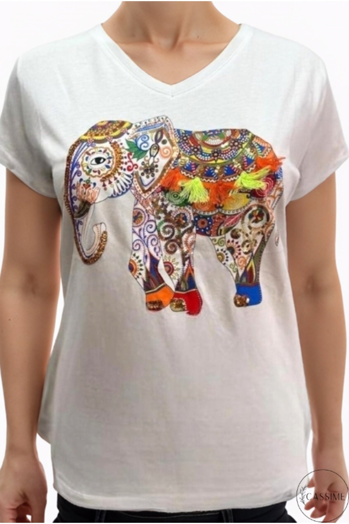 Sophie Women's Cotton Embellished V-Neck T-Shirt - White with Multicolor Tassel Elephant