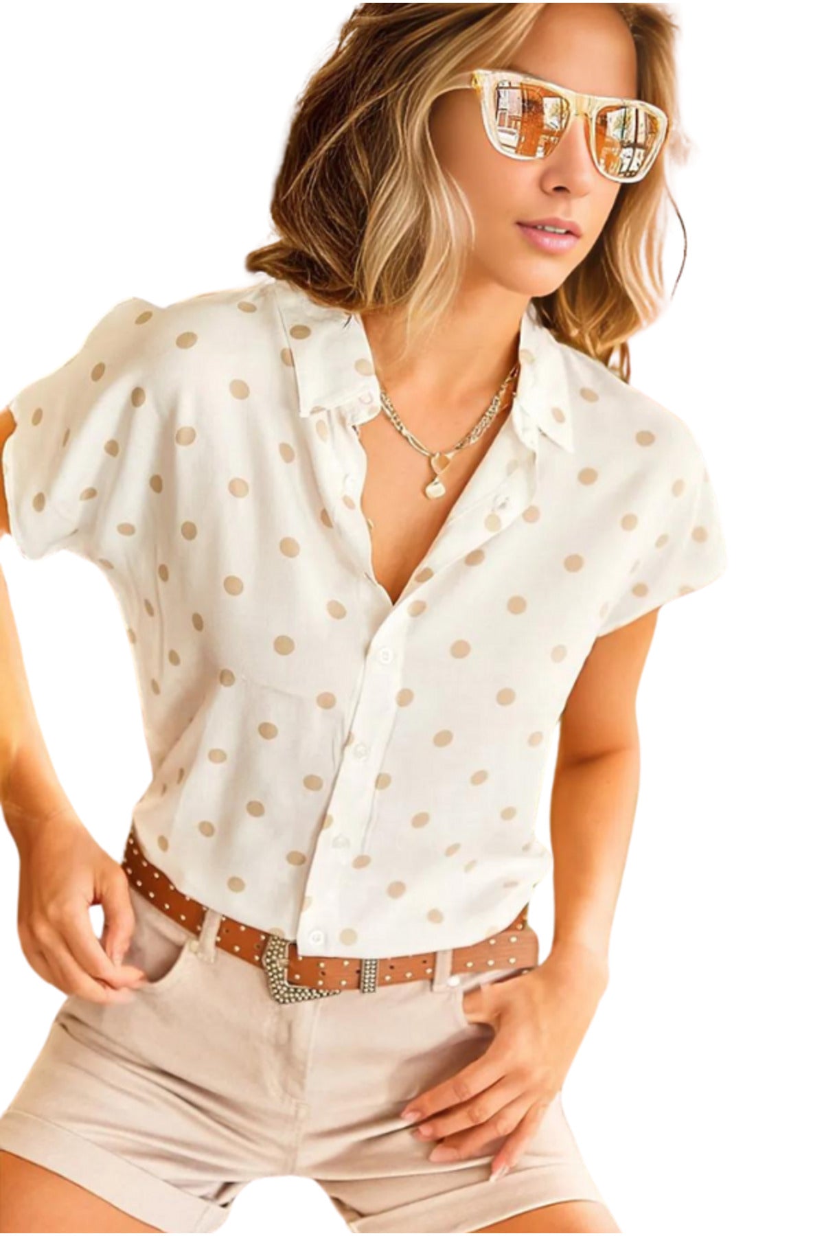 Charlotte Women's Short Sleeve Batwing Shirt - Cream Polka Dot