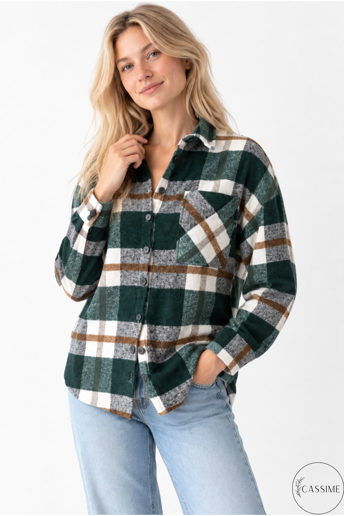 Eleanor Women's Plaid Shacket - Khaki and Brown Striped