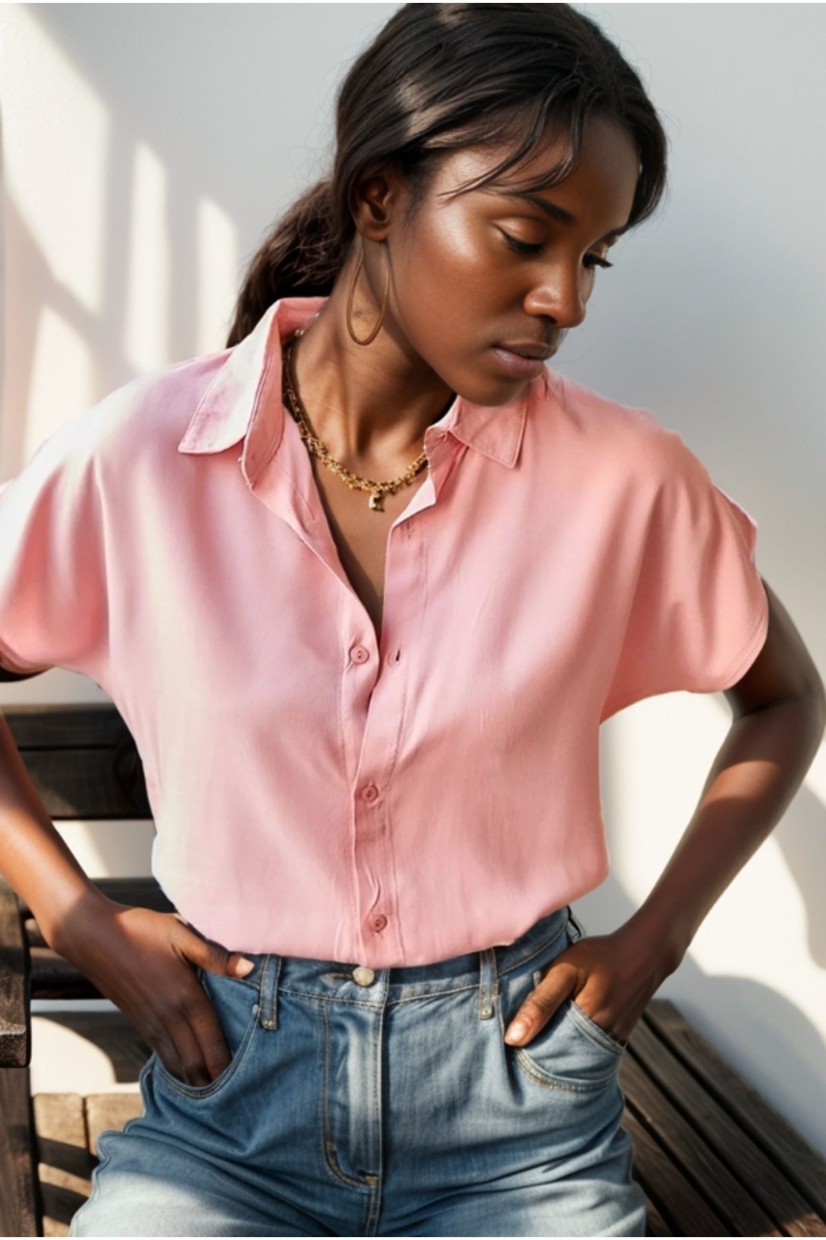 Esme Women's Viscose Short Sleeve Batwing Shirt - Light Pink