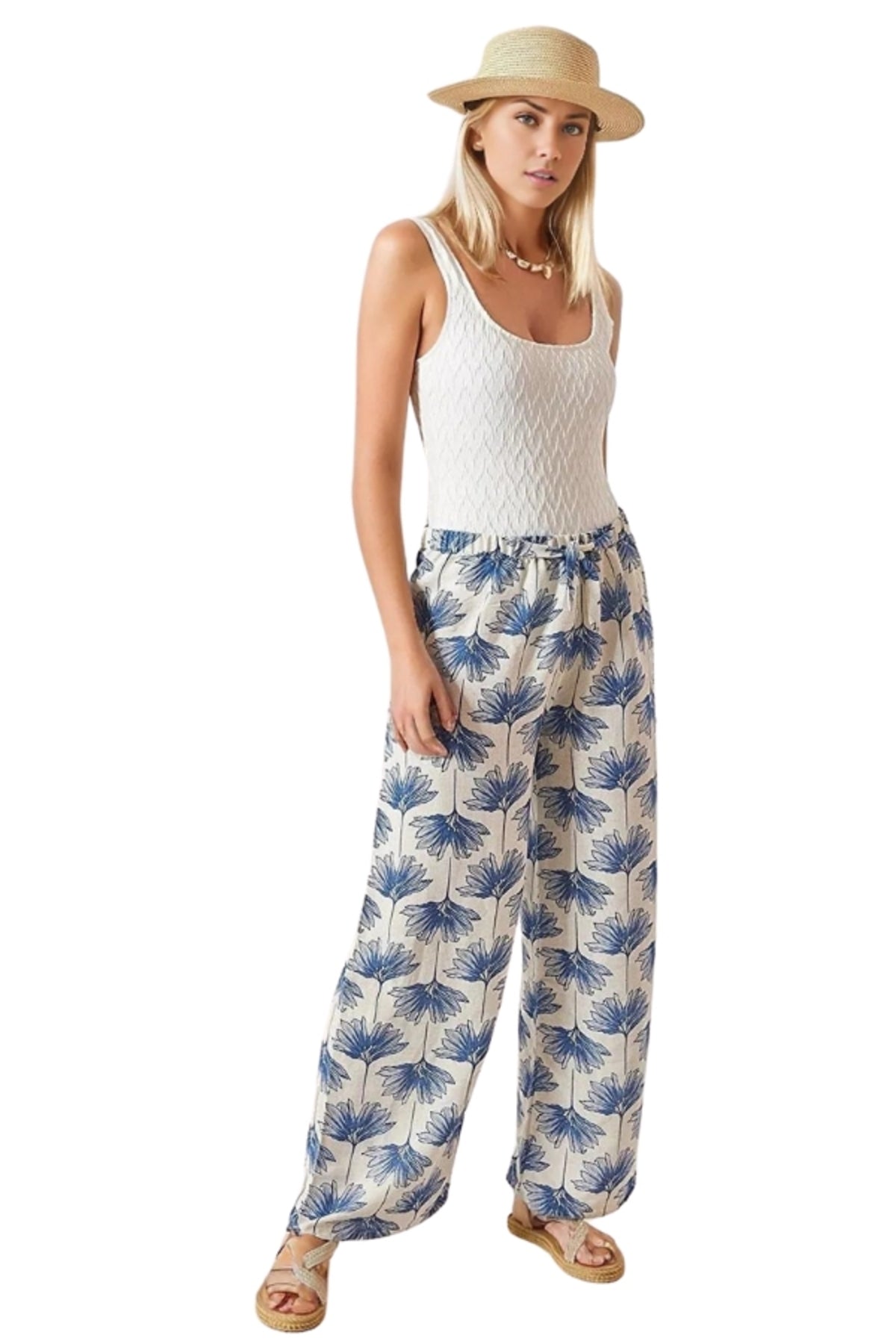 Lucy Women's Linen Blend Wide Leg Palazzo Pants - Cream with Blue Floral Print