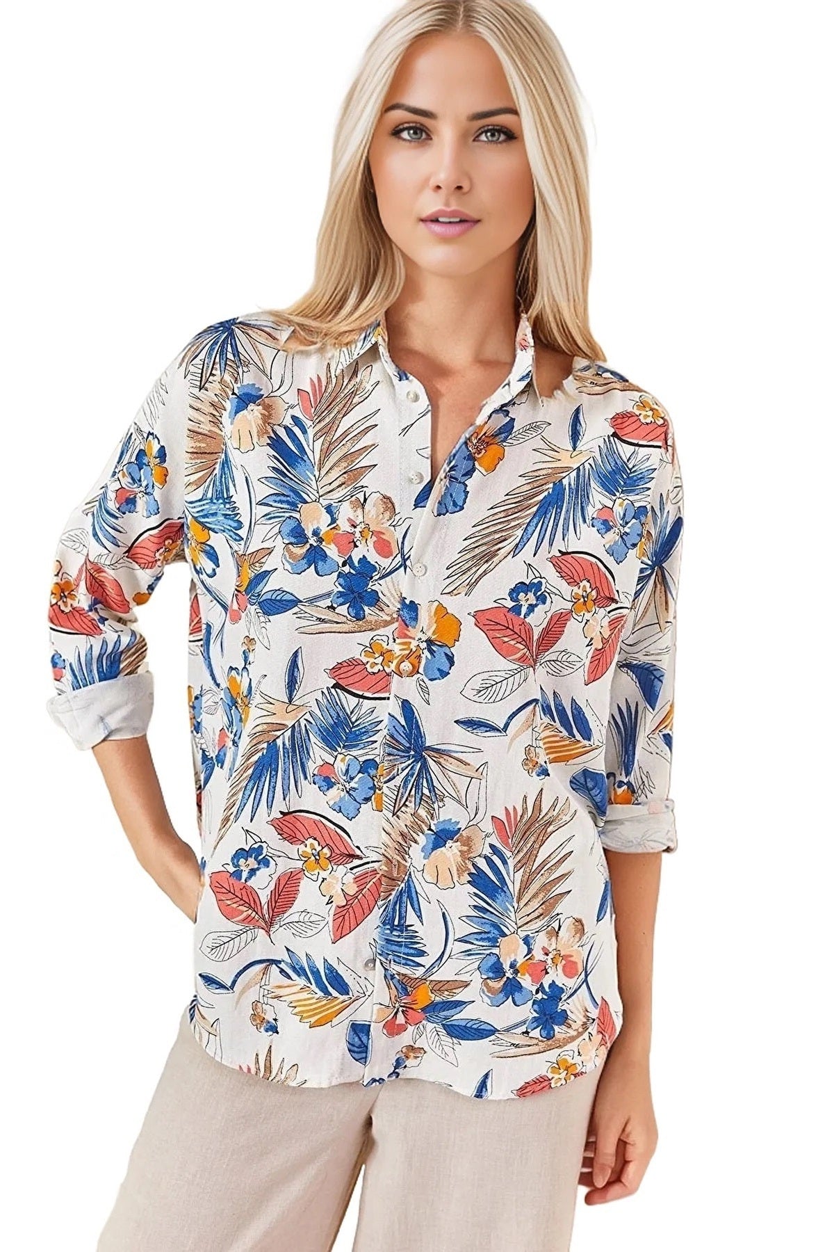 Emilia Women's Linen Blend Oversized Printed Shirt - Light Blue and Orange Print