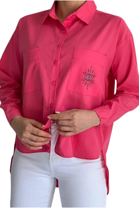 Josephine Women's Cotton Embellished Evil Eye Pocket Shirt - Pink