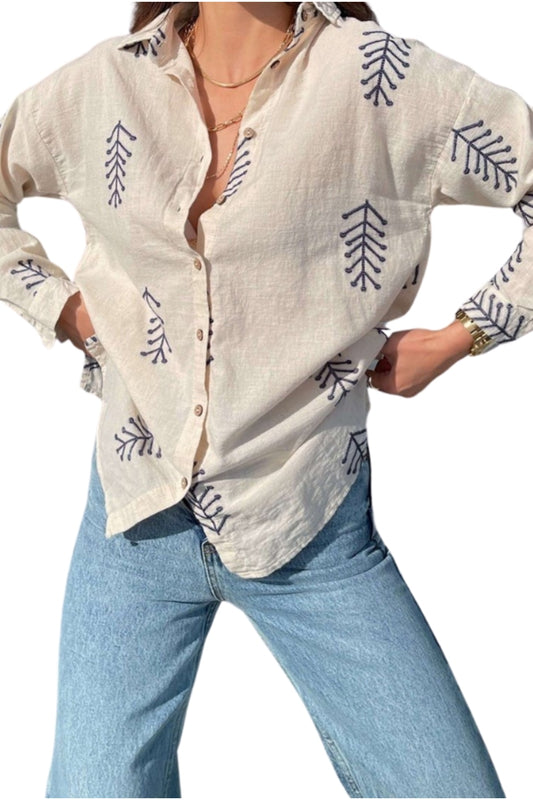 Kerry Women's Cotton-Linen Blend Relaxed Embroidered Button-Up Shirt - Beige