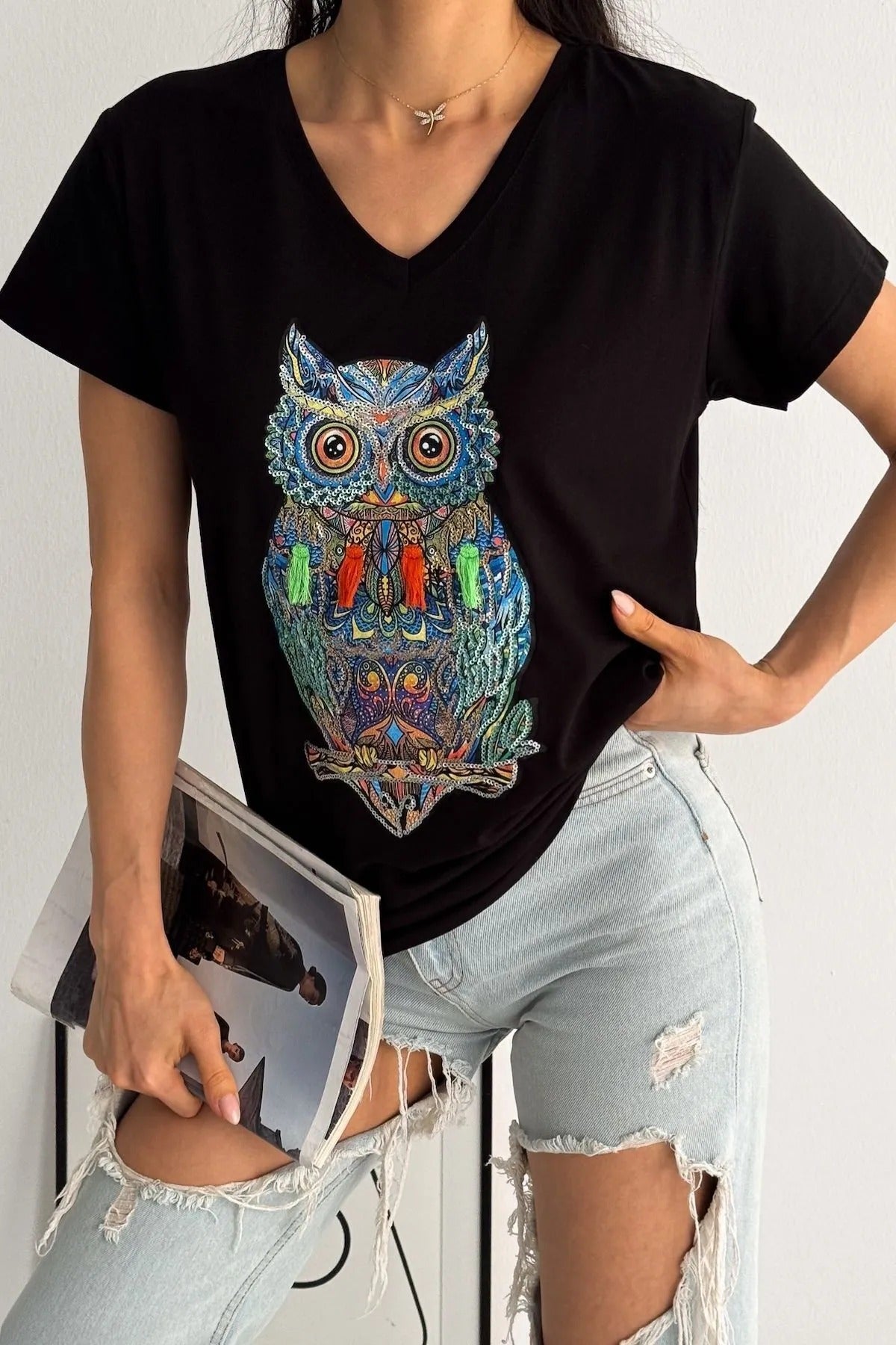 Tilda Black Owl Floral Design Cotton T-shirt