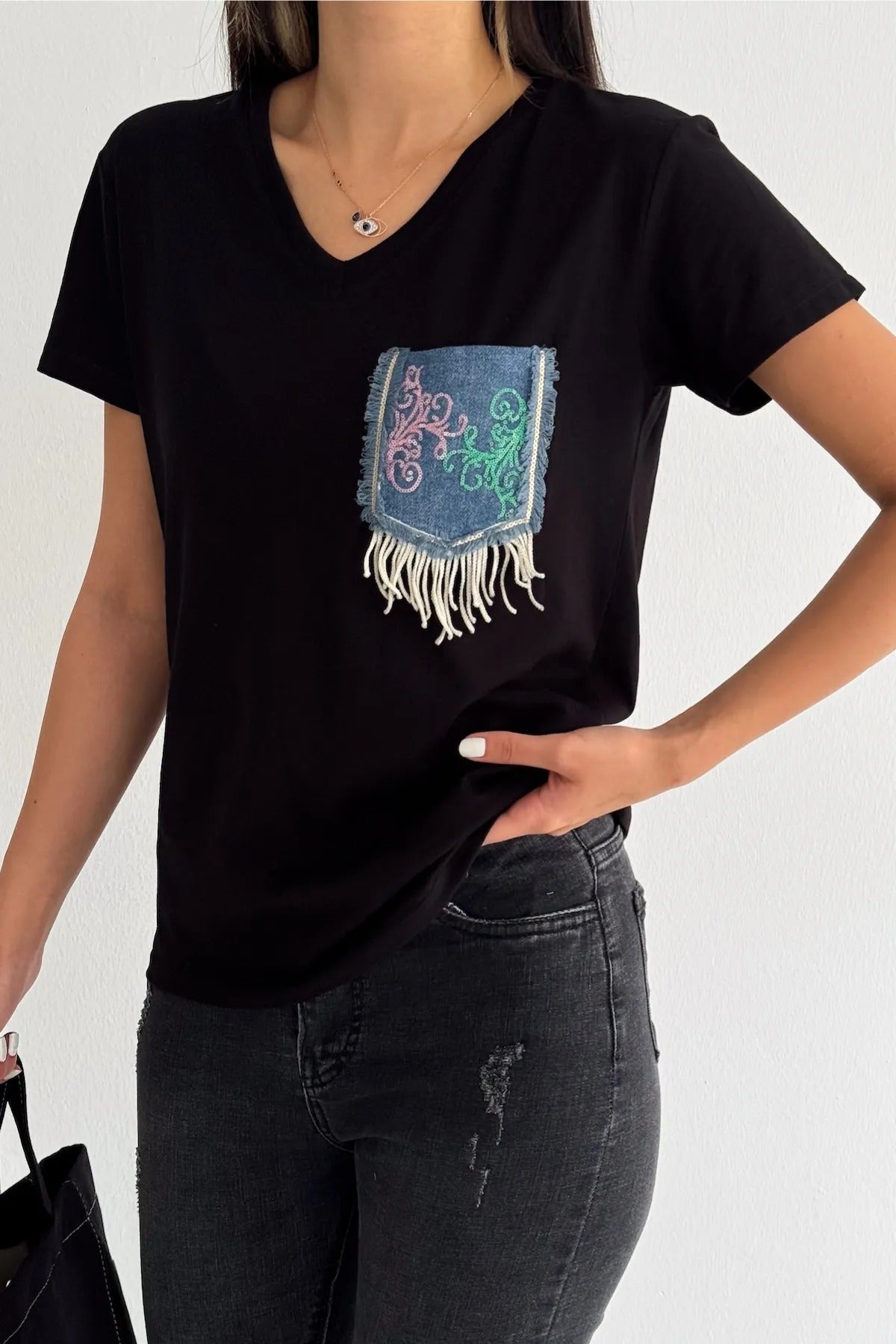 Tilda Black Jean Pocketed Cotton Short Sleeve T-Shirt