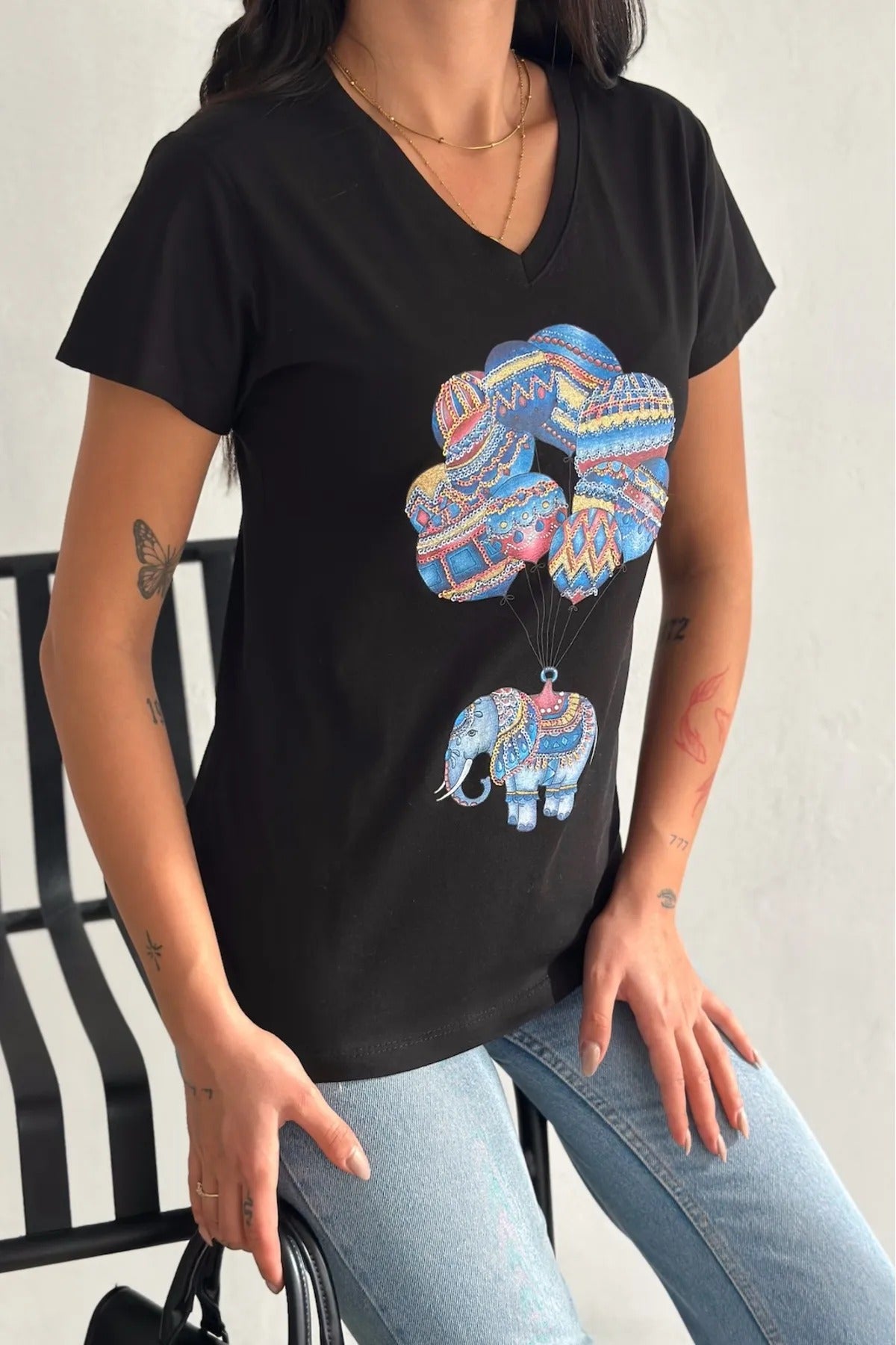 Tilda Black Elephant Balloon Sequin Cotton Short Sleeve T-Shirt
