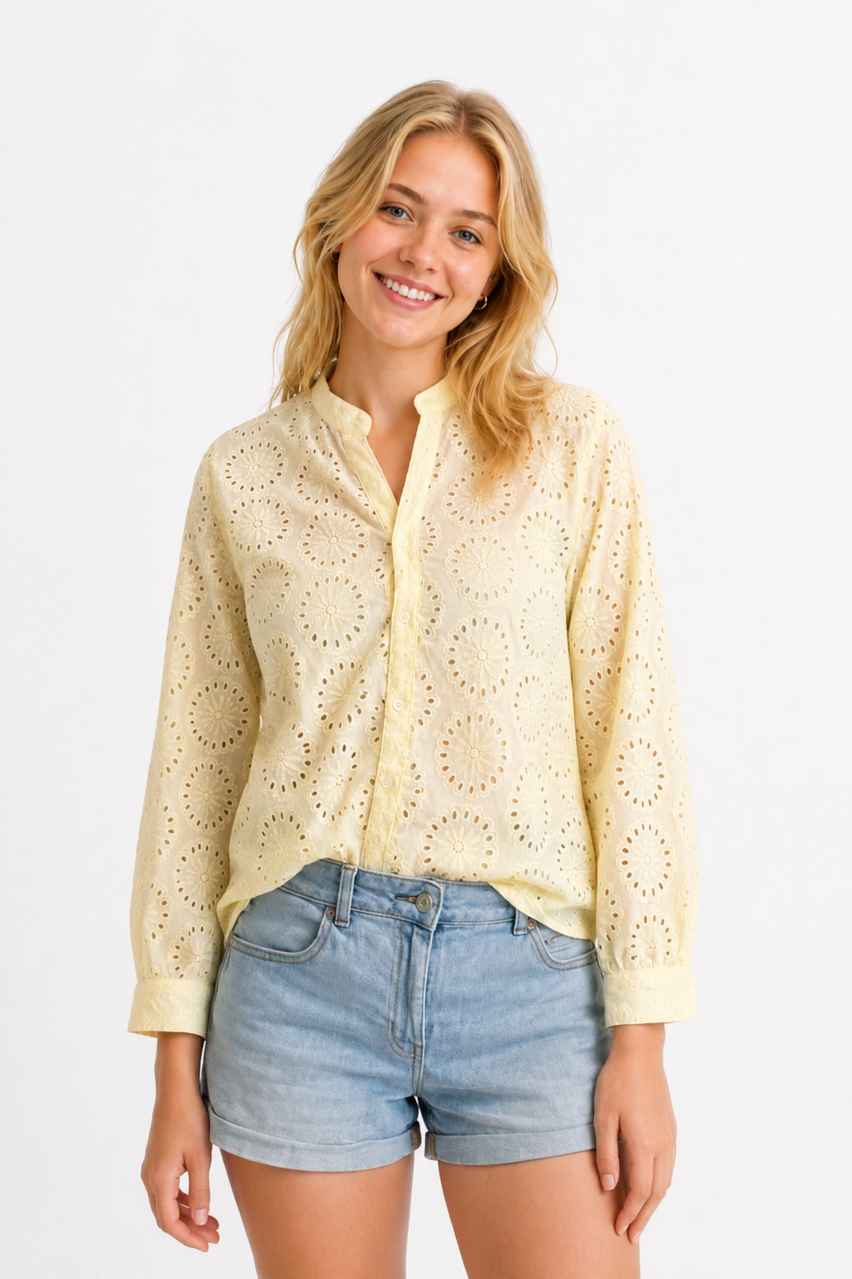 Isla Women's Cotton Embroidered Relaxed Fit Shirt - Light Yellow