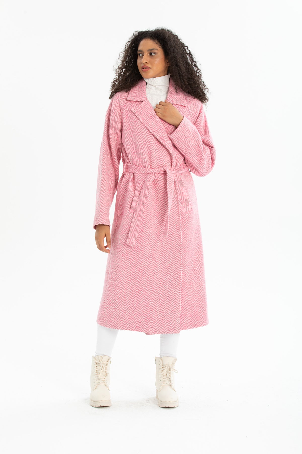 Beatrix Women's Herringbone Belted Coat - Pink Herringbone - product image 1