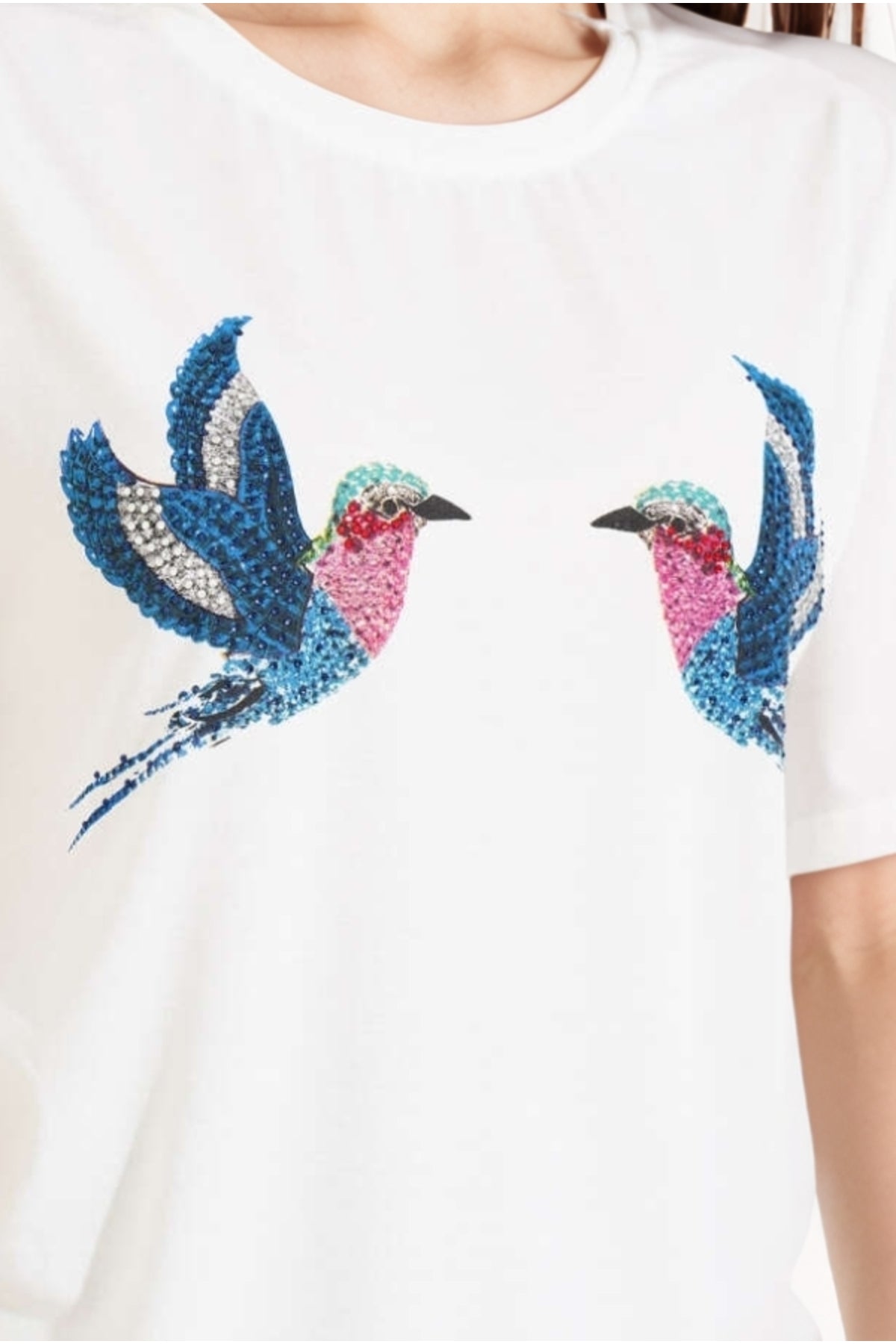 Cecilia Women's Cotton Bird Sequin T-Shirt - White Bird Print