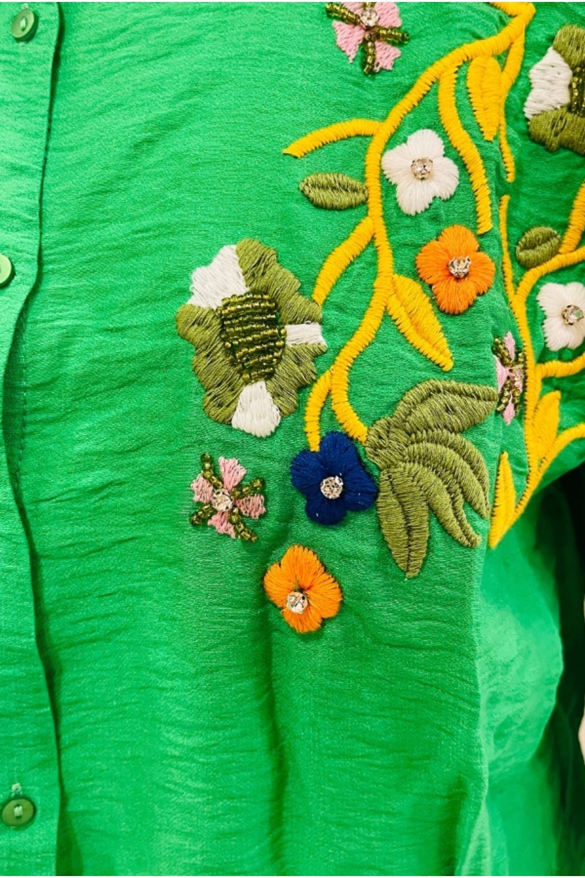 Claire Women's Floral Embellished Button-Up Shirt - Green Floral Embroidery