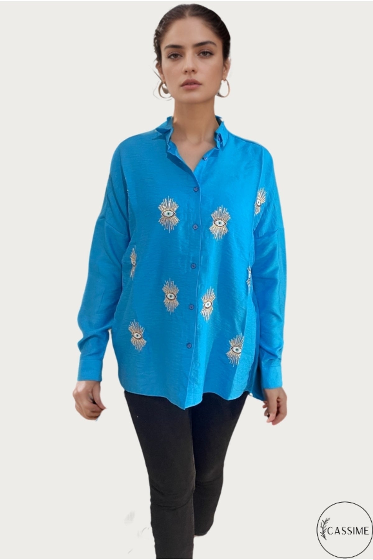 Delilah Women's Cotton Oversized Embellished Long Sleeve Shirt - Turquoise