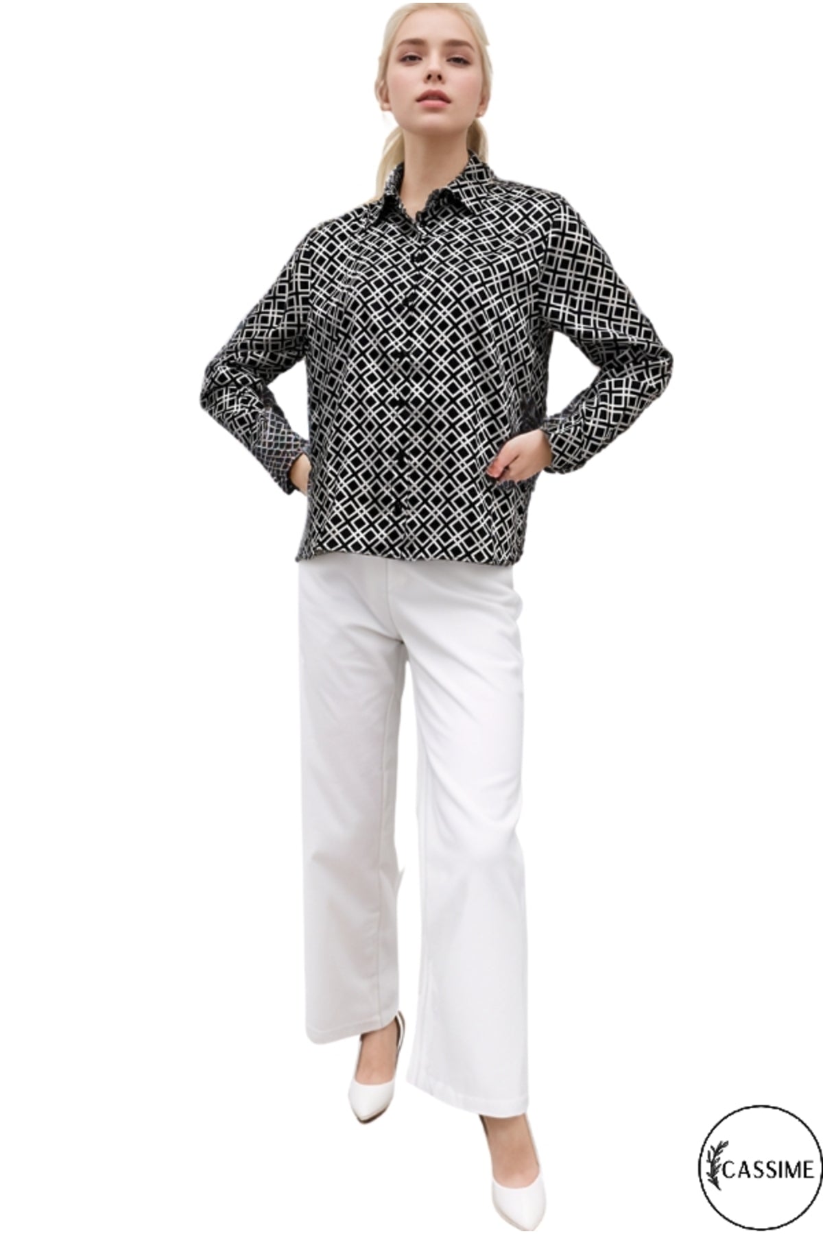 Holly Women's Relaxed Check Satin Shirt - Black Check Print
