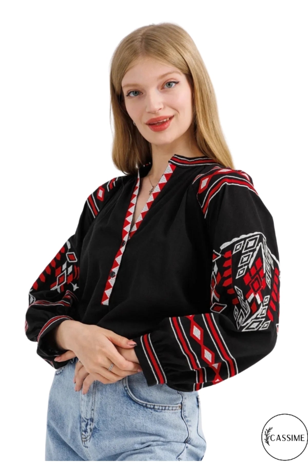 Winifred Women's Cotton-Linen Blend Vintage Inspired Embroidered Blouse - Black