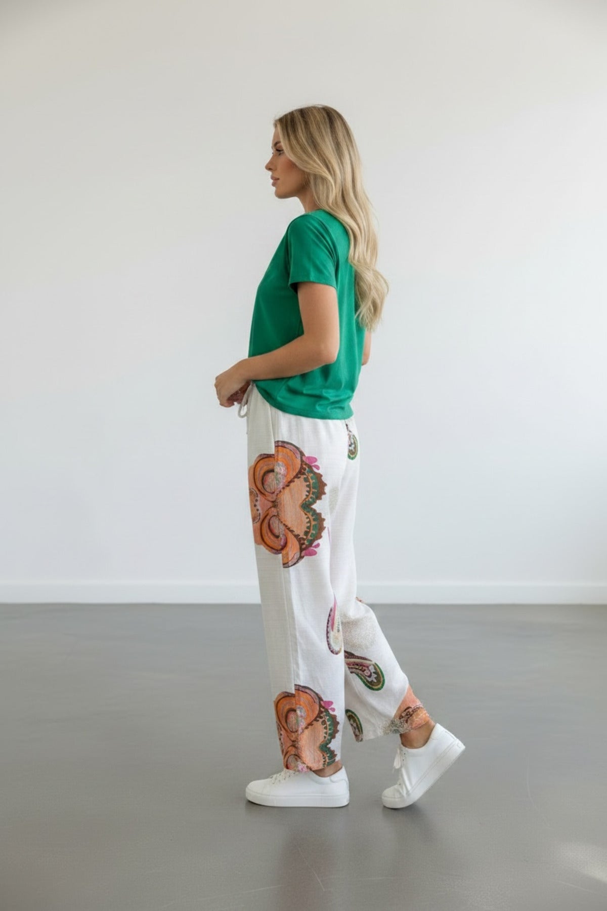 Lucy Women's Viscose Wide Leg Palazzo Pants - Ecru with Orange and Green Shimmer Print