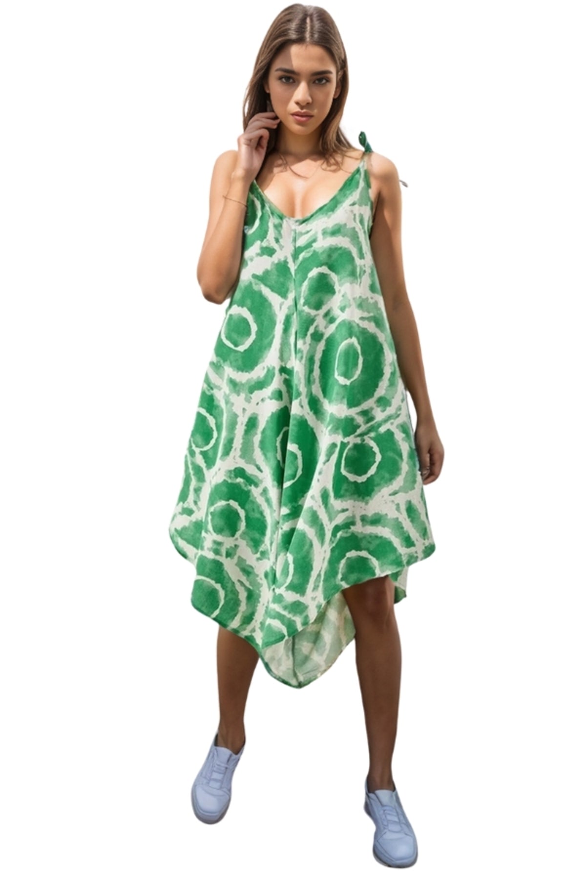 Eliza Women's Linen-Viscose Blend Relaxed Spaghetti Strap Jumpsuit - Green Geometric Print