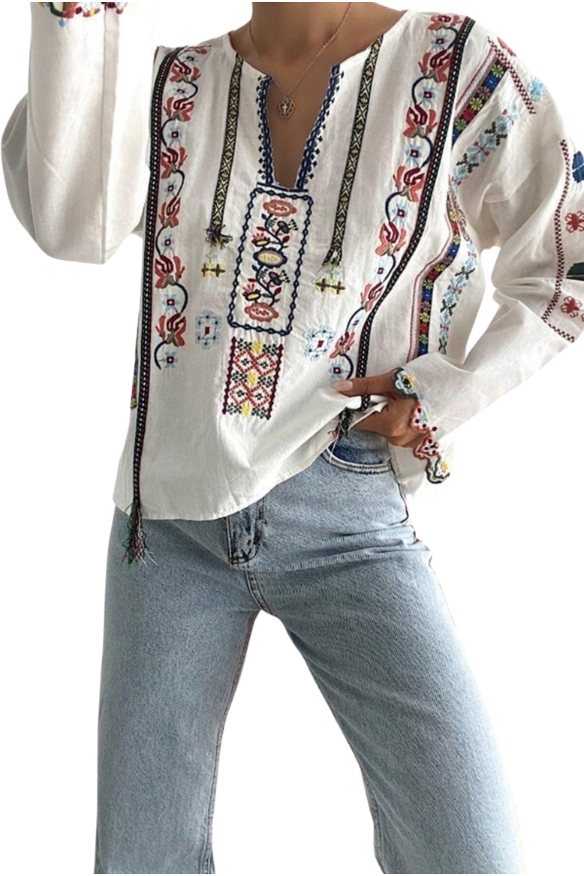Alexis Women's Cotton-Linen Blend Vintage Inspired Embroidered Blouse - White