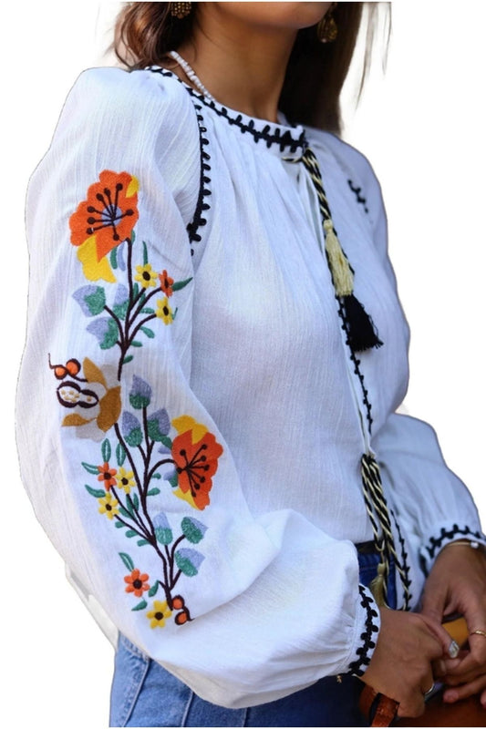 Tabitha Women's Cotton Blend Boho Embroidered Tassel Blouse - Multicolor Floral Embroidery
