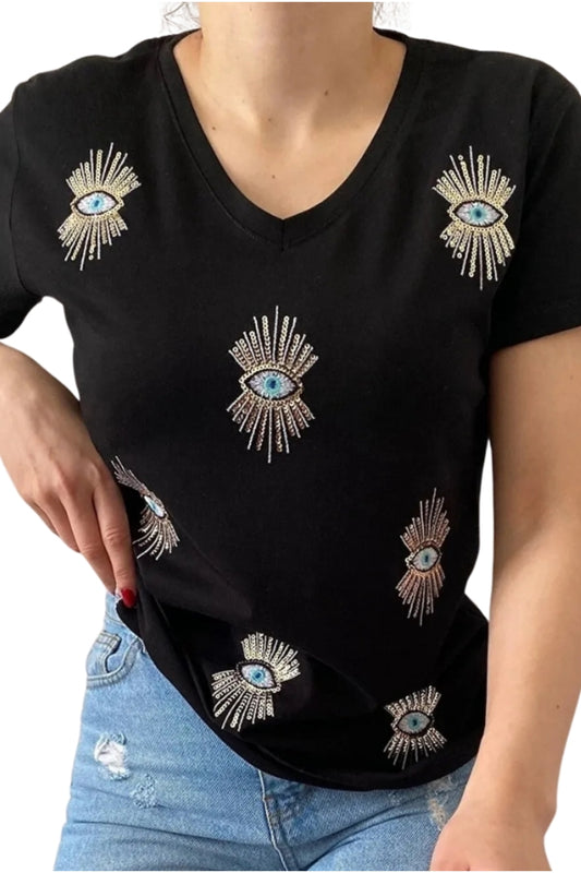 Sophie Women's Cotton Embellished V-Neck T-Shirt - Black Multiple Eye