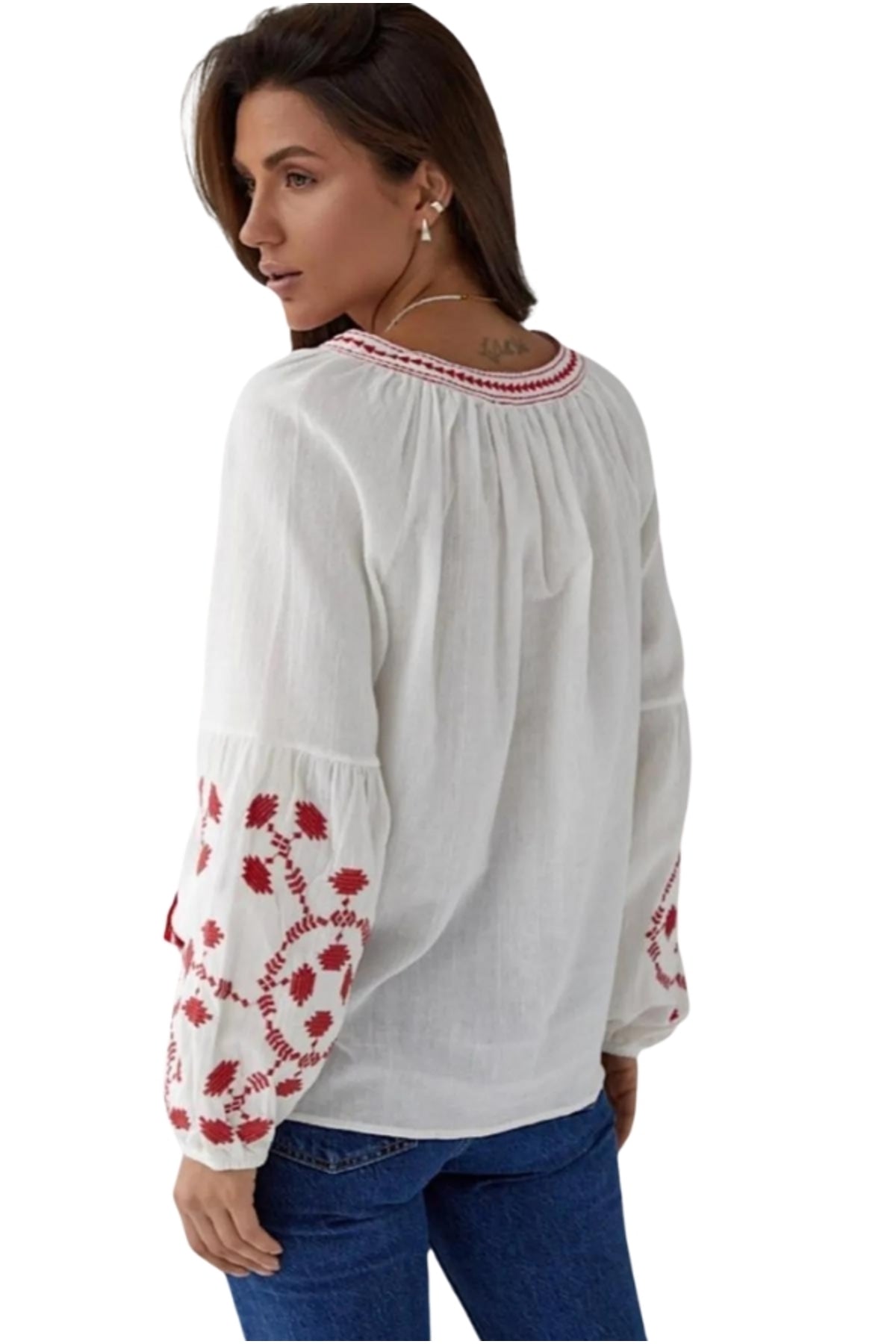 Tabitha Women's Cotton Blend Boho Embroidered Tassel Blouse - Off-White with Red Embroidery