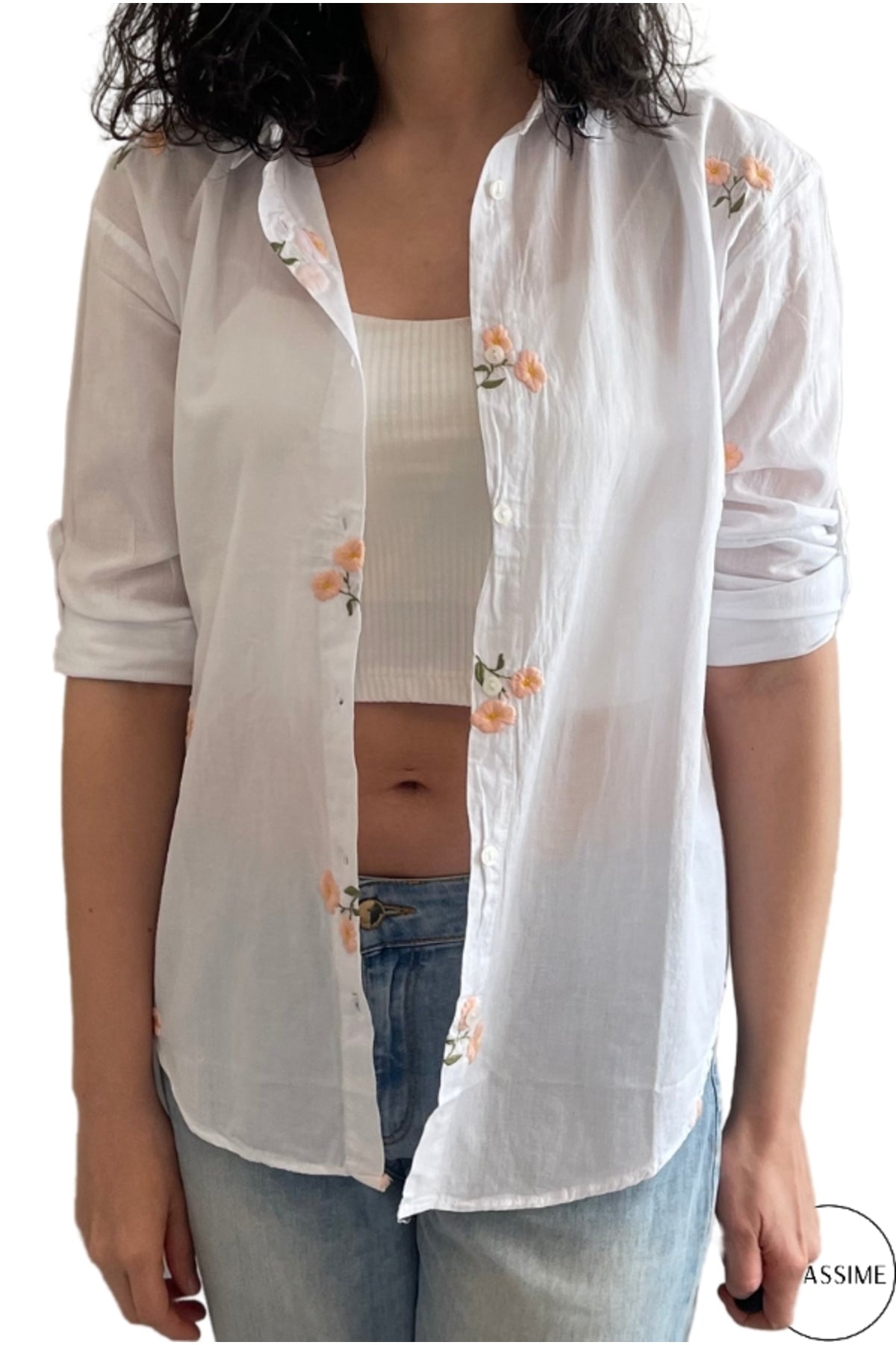Ella Women's Cotton Embroidered Button-Up Shirt - White with Peach Flowers