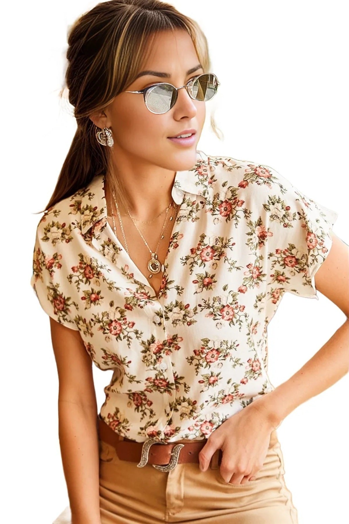 Charlotte Women's Short Sleeve Batwing Shirt - Orange Mini Floral