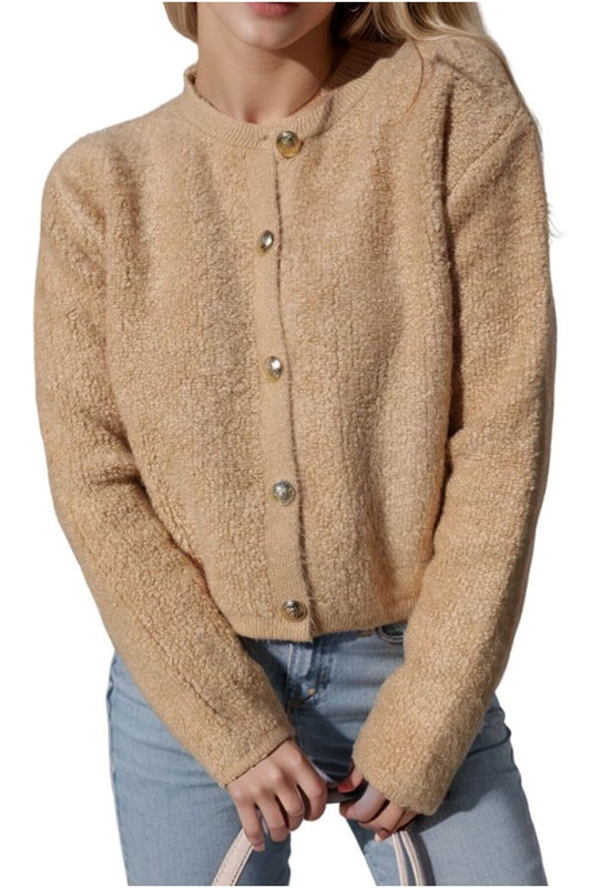 Kayla Women's Gold-Tone Button Teddy Cardigan - Beige