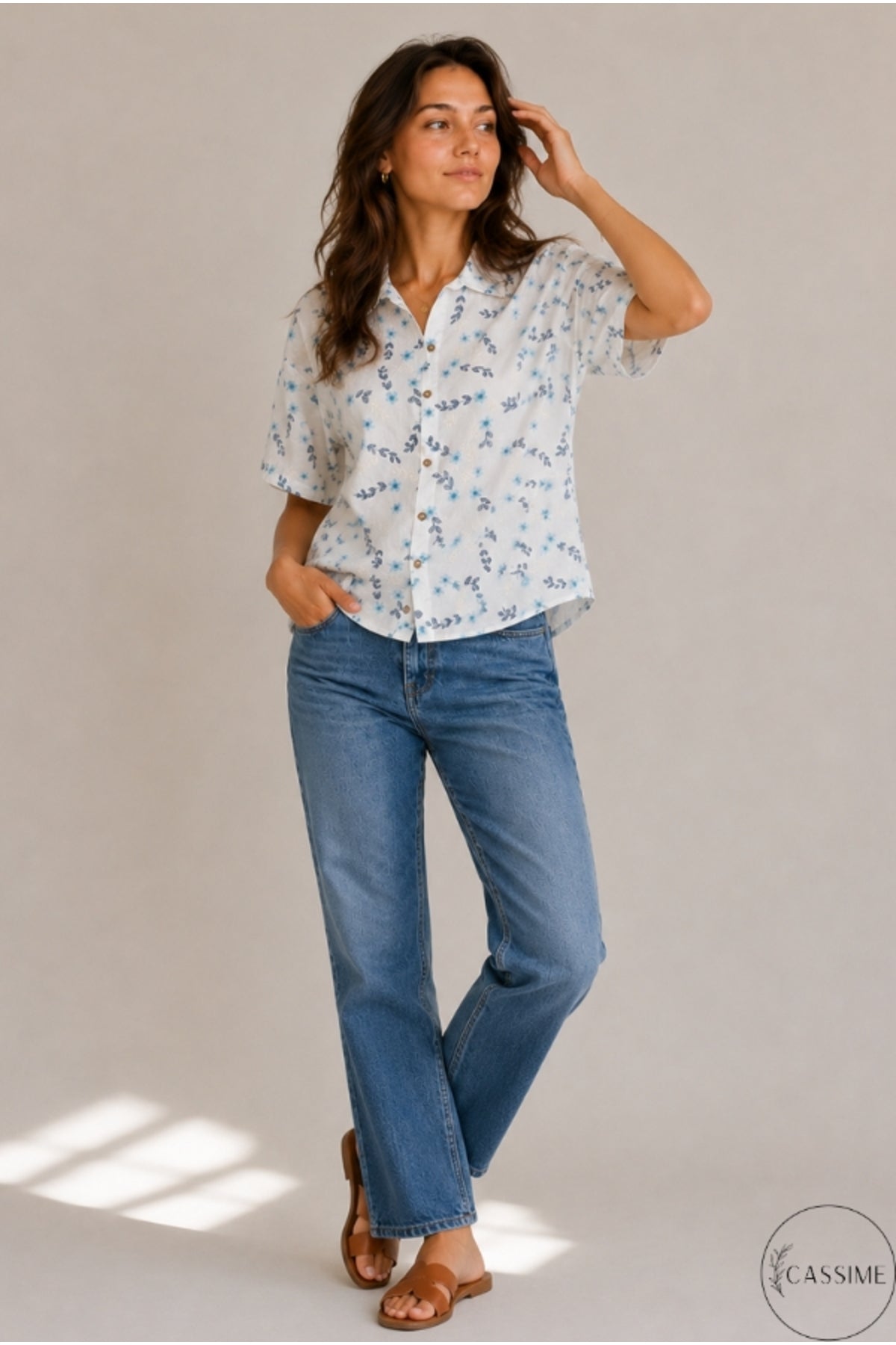 Alice Women's Floral Short Sleeve Shirt - Blue Ditsy Floral Embroidery