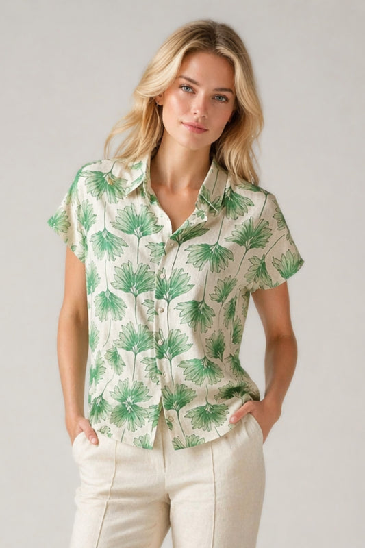 Freya Women's Linen-Viscose Blend Short Sleeve Batwing Shirt - Green Ginkgo
