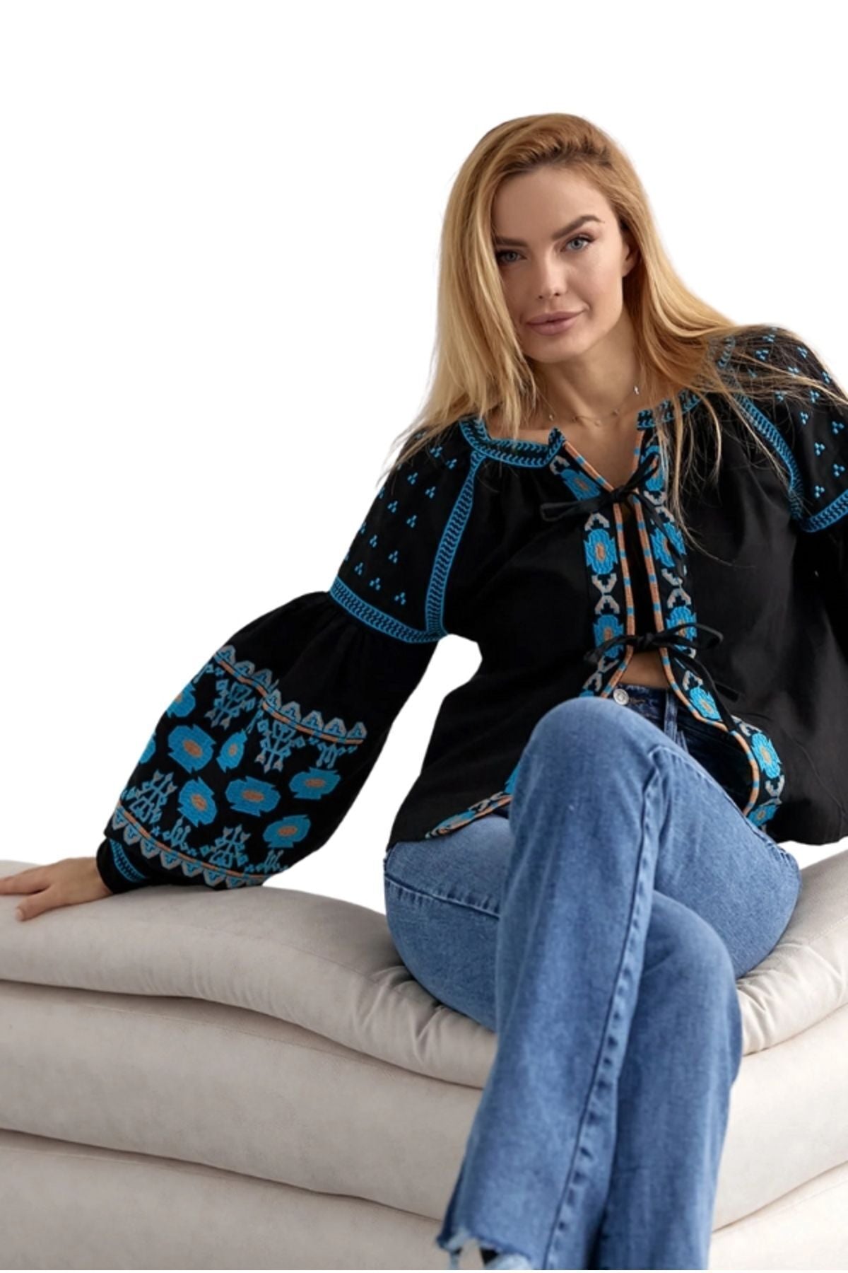 Vivian Women's Vintage Inspired Embroidered Jacket - Black with White Embroidery