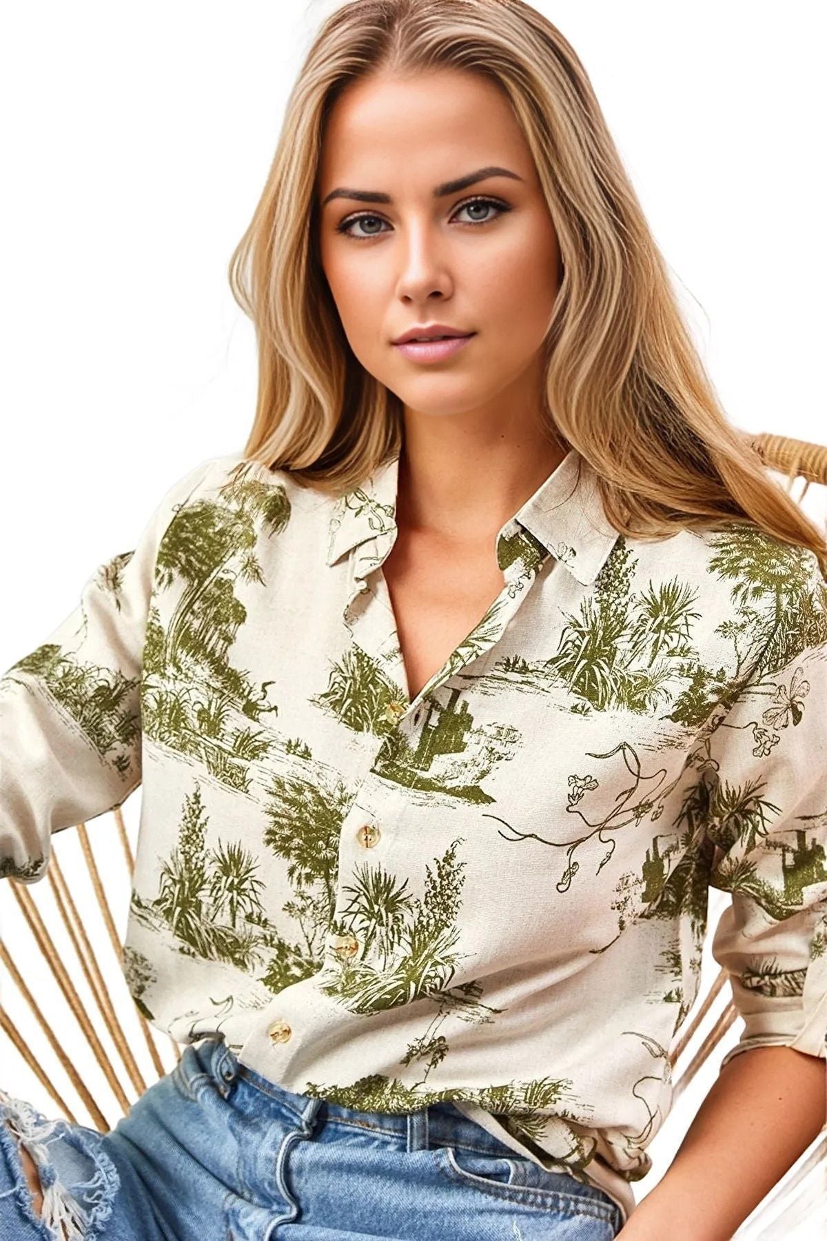 Amelia Women's Viscose Long Sleeve Button-Up Shirt - Green Forest Print