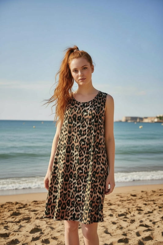 Bonnie Women's Viscose Leopard Print Sleeveless A-Line Dress - Brown Leopard
