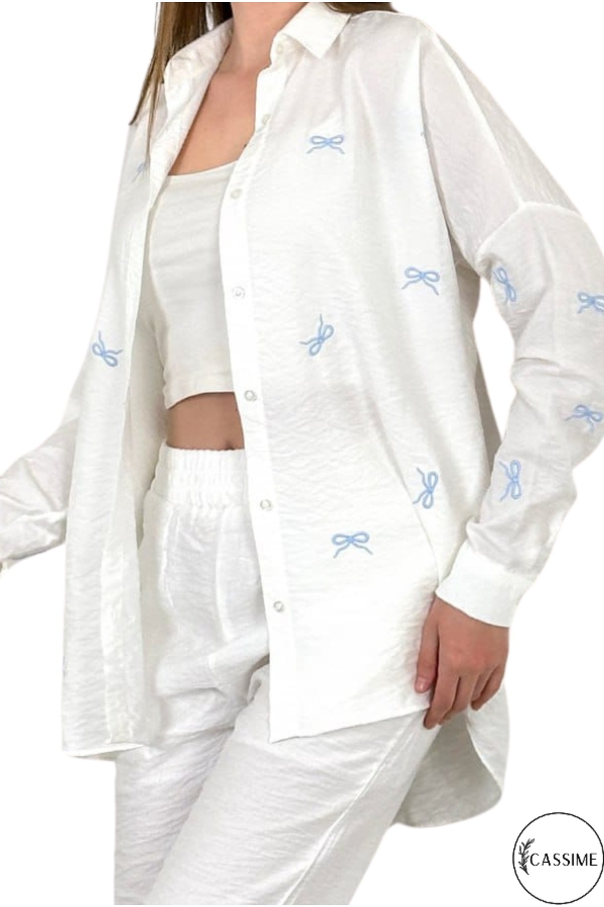 Delilah Women's Cotton Oversized Embellished Long Sleeve Shirt - White with Bow Embroidery