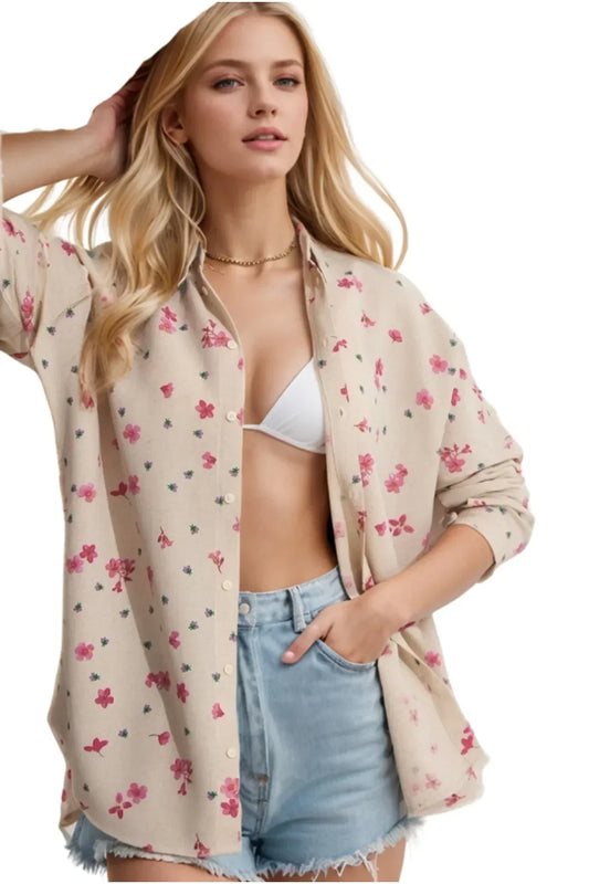 Lola Pink Mini Floral Linen Button Down Shirt