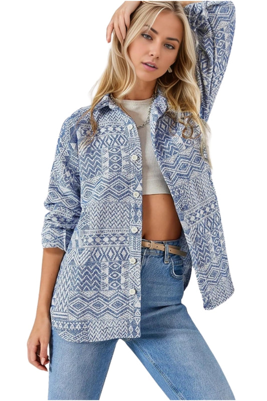 Ellen Women's Boho Print Button-Up Shacket - Blue Boho Print