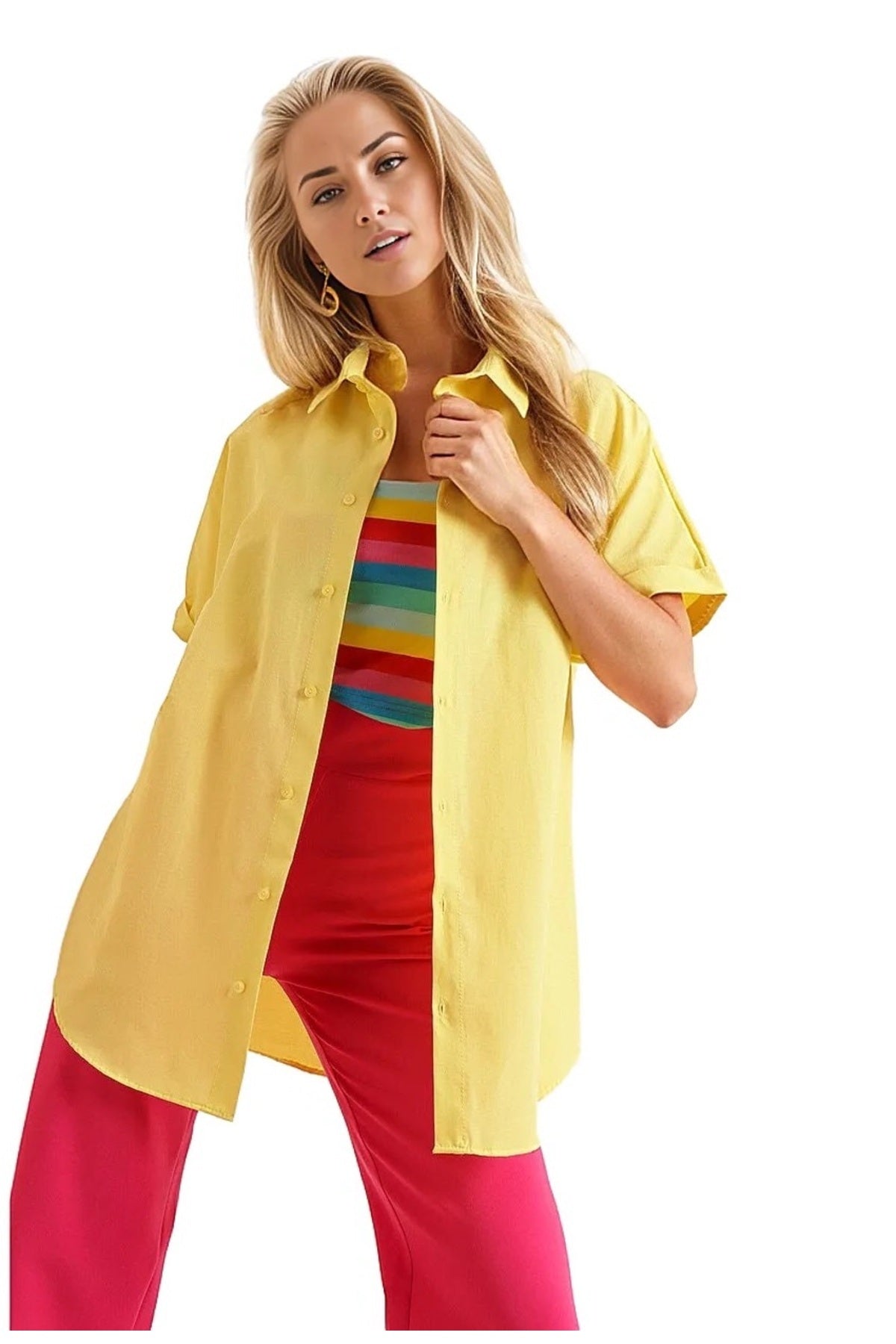Lauren Women's Oversized Short Sleeve Poplin Shirt - Yellow