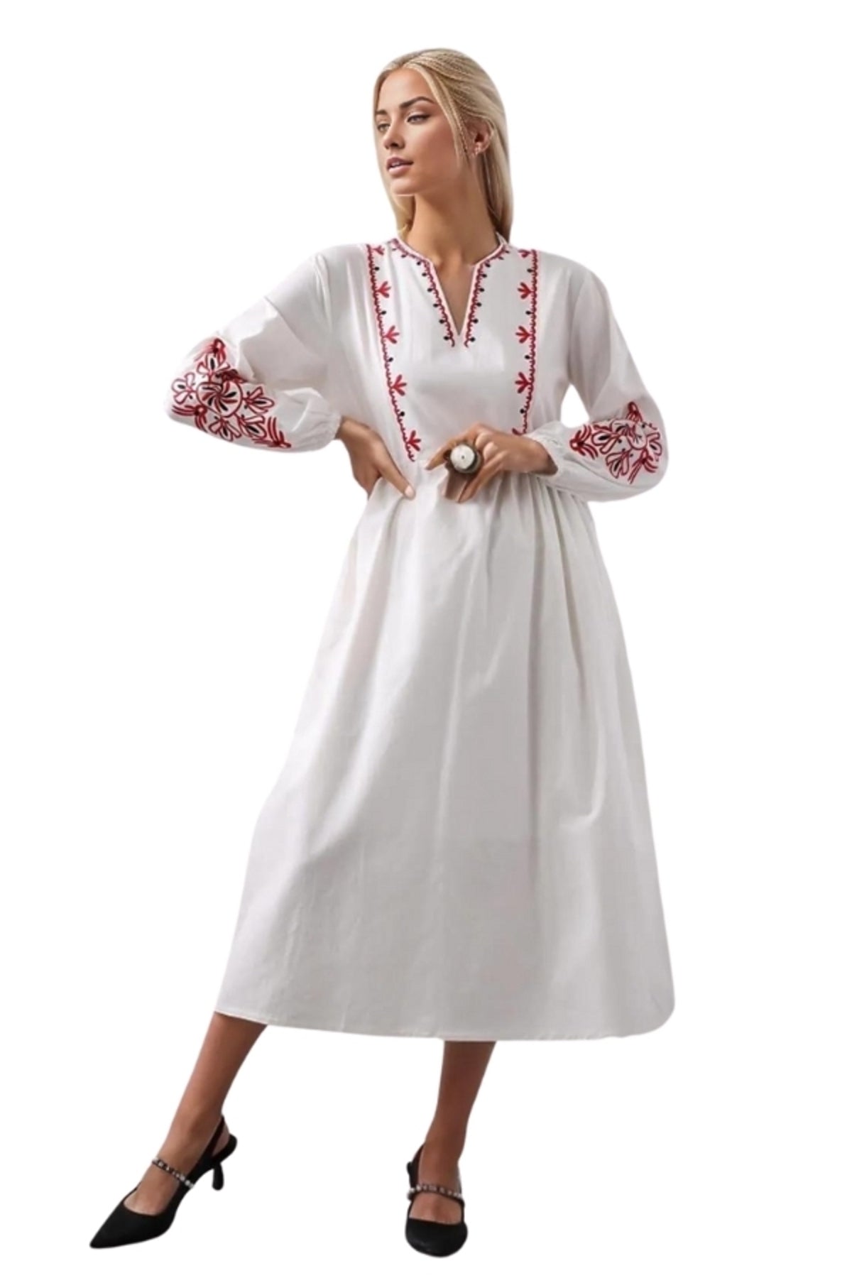 Maria Women's Linen Embroidered Boho Split-Neck Dress - White with Red Embroidery