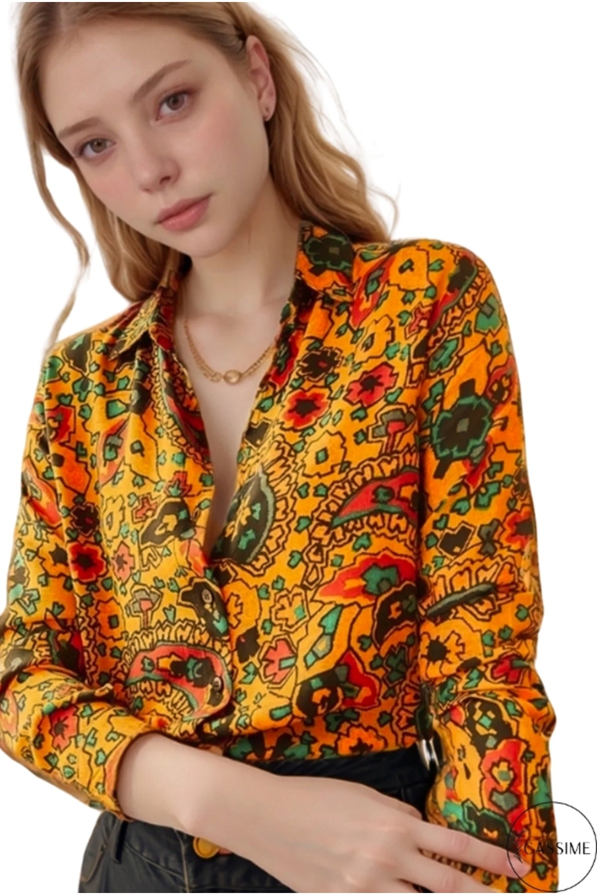Amelia Women's Viscose Long Sleeve Button-Up Shirt - Mustard Paisley Print