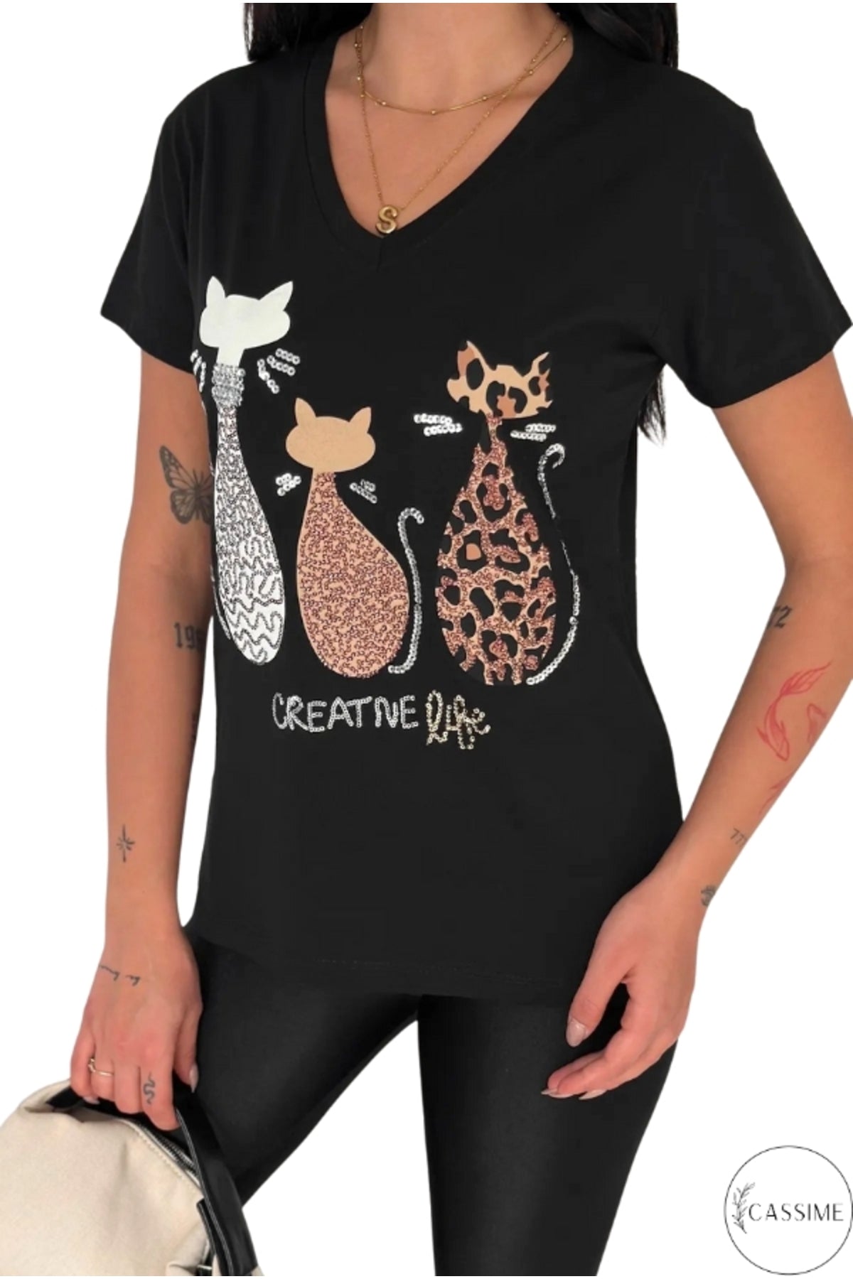 Sophie Women's Cotton Embellished V-Neck T-Shirt - Black Three Cats Print