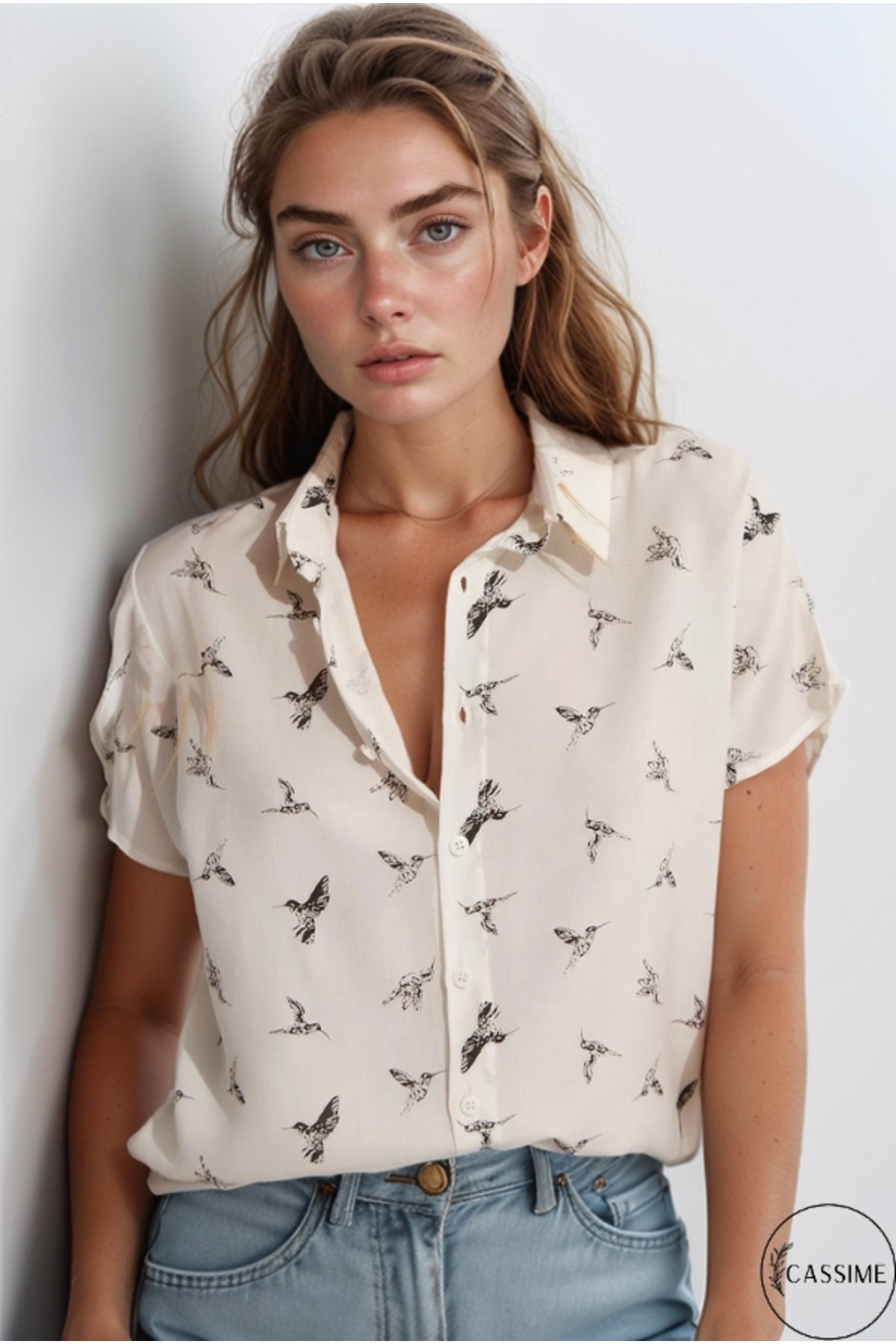 Charlotte Women's Viscose Short Sleeve Batwing Shirt - Bird Print