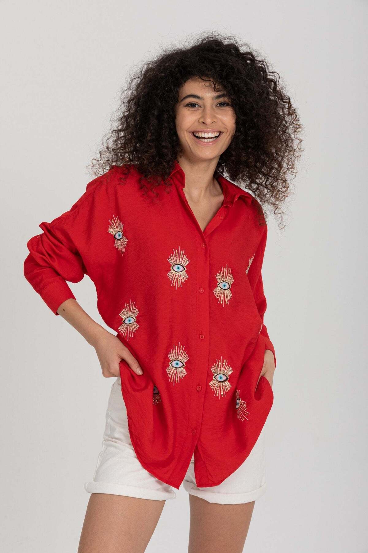 Delilah Women's Oversized Embellished Long Sleeve Shirt - Red