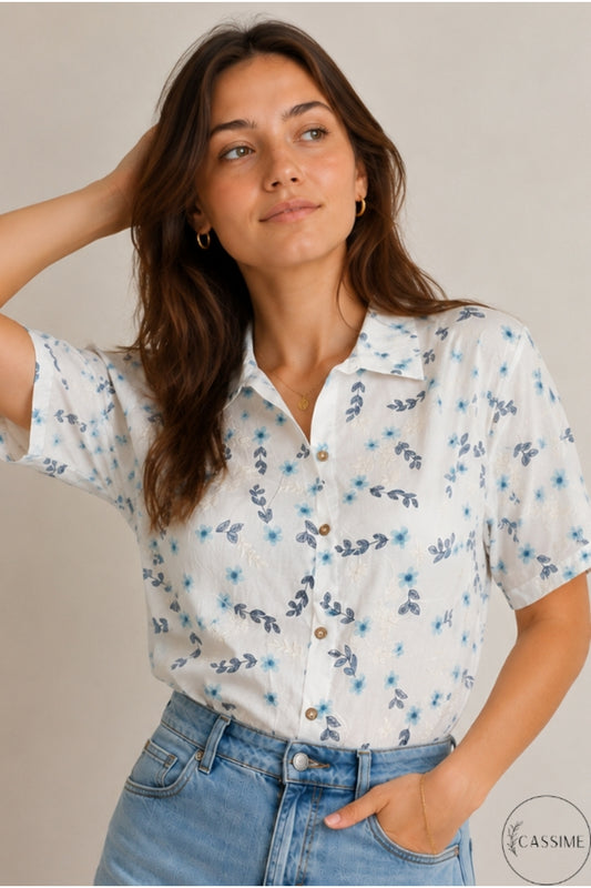Alice Women's Floral Short Sleeve Shirt - Blue Ditsy Floral Embroidery