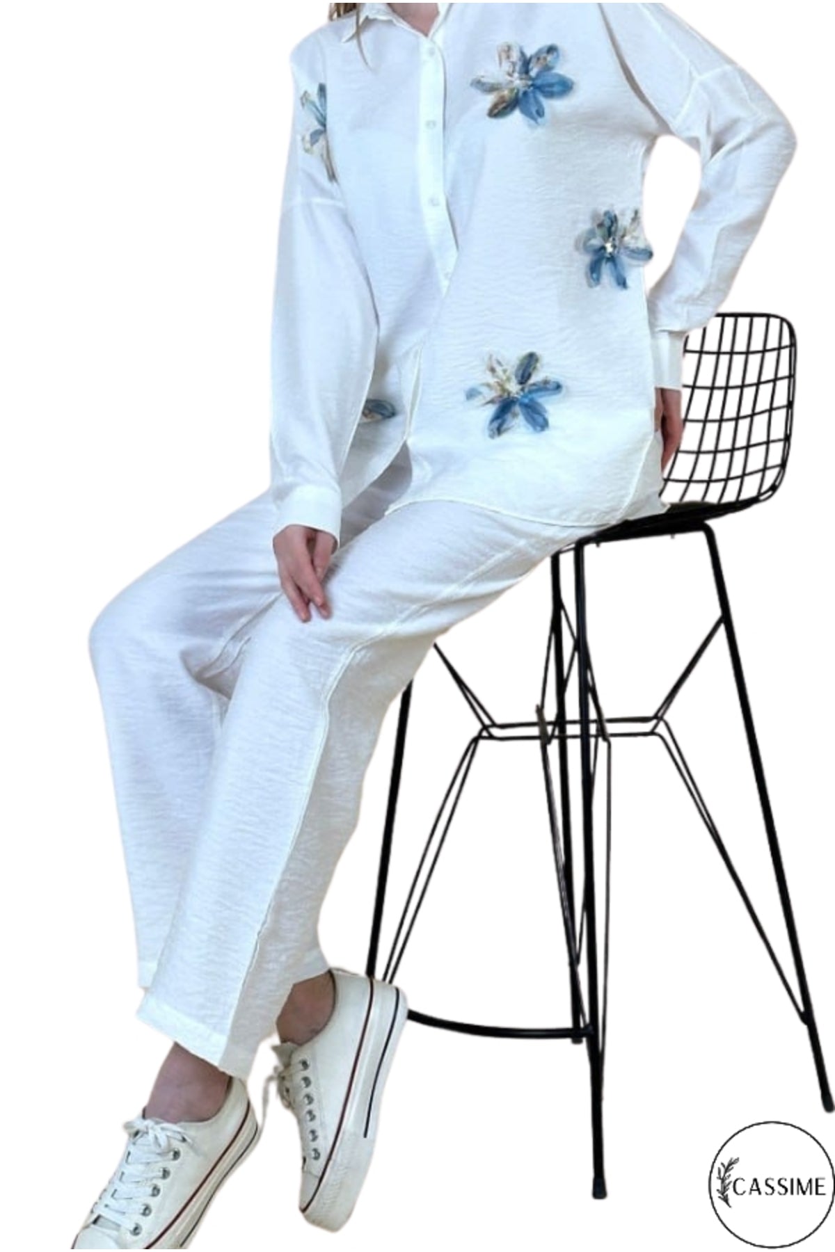 Delilah Women's Cotton Oversized Embellished Long Sleeve Shirt - White with Blue Tulle Embroidery