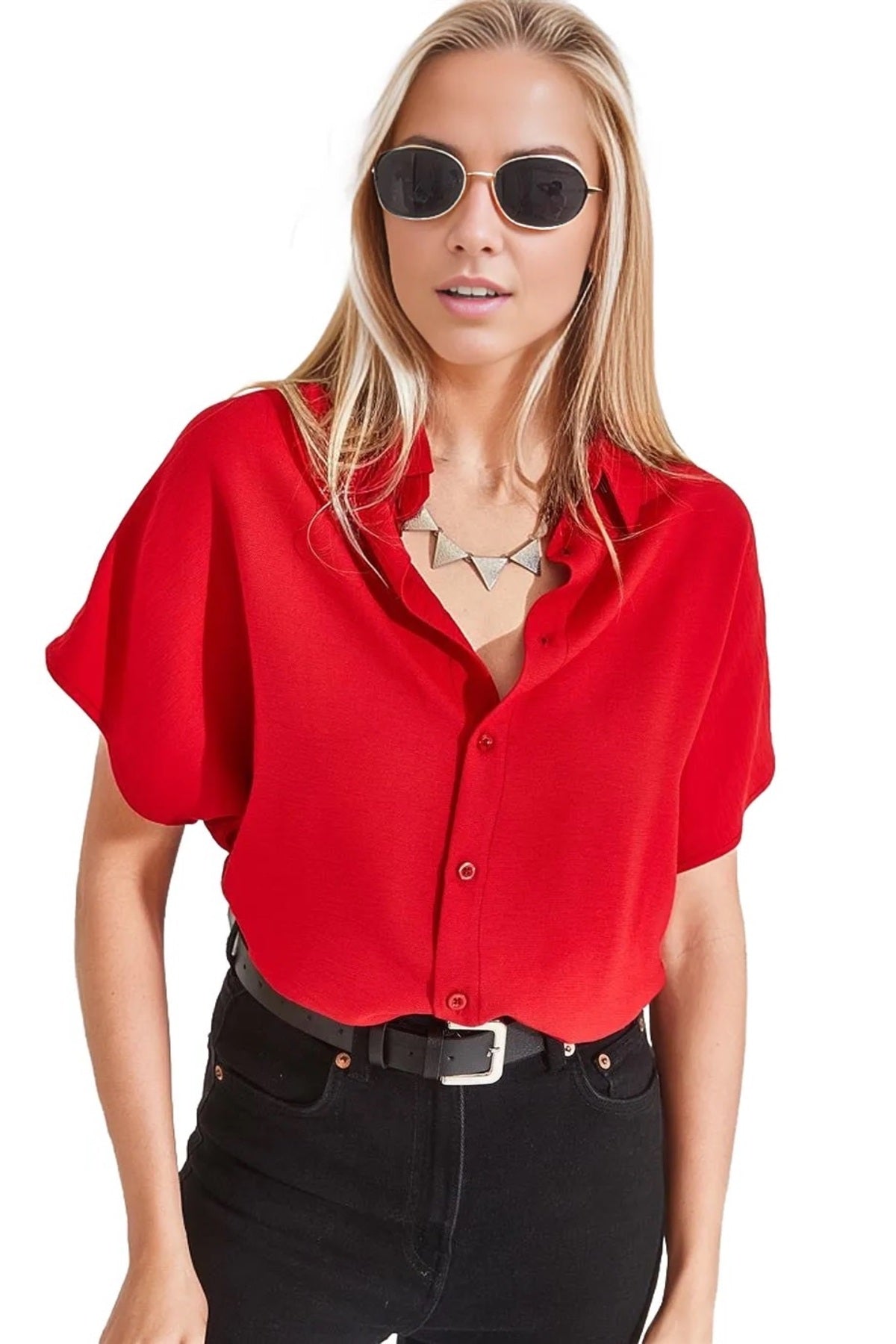 Jocelyn Women's Linen-Viscose Blend Oversized Short Sleeve Batwing Shirt - Red