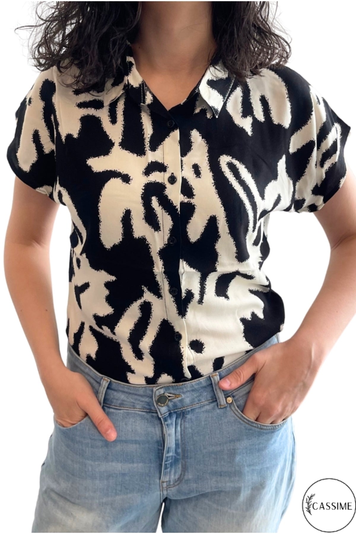 Charlotte Women's Short Sleeve Batwing Shirt - Black and White Print