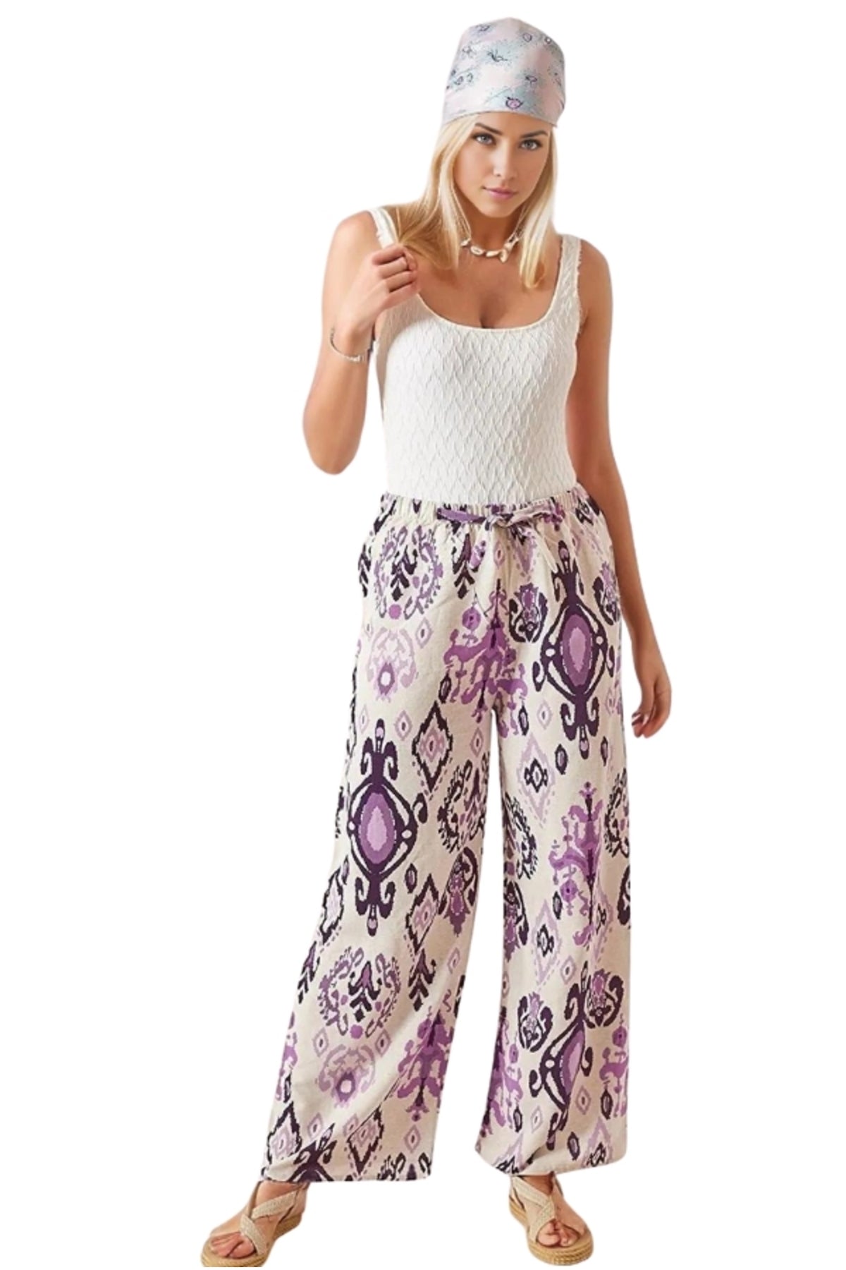 Lucy Women's Linen-Viscose Blend Wide Leg Palazzo Pants - Boho Purple Print