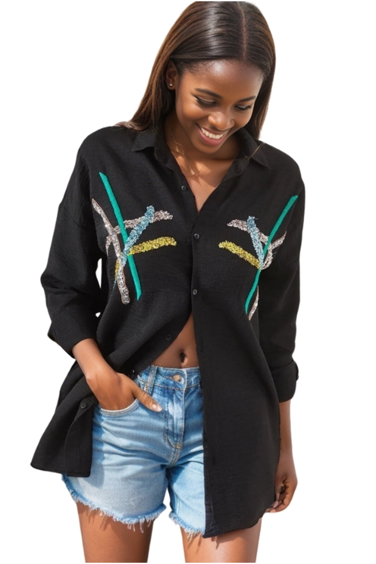Natasha Women's Embroidered Oversized Shirt - Black Striped